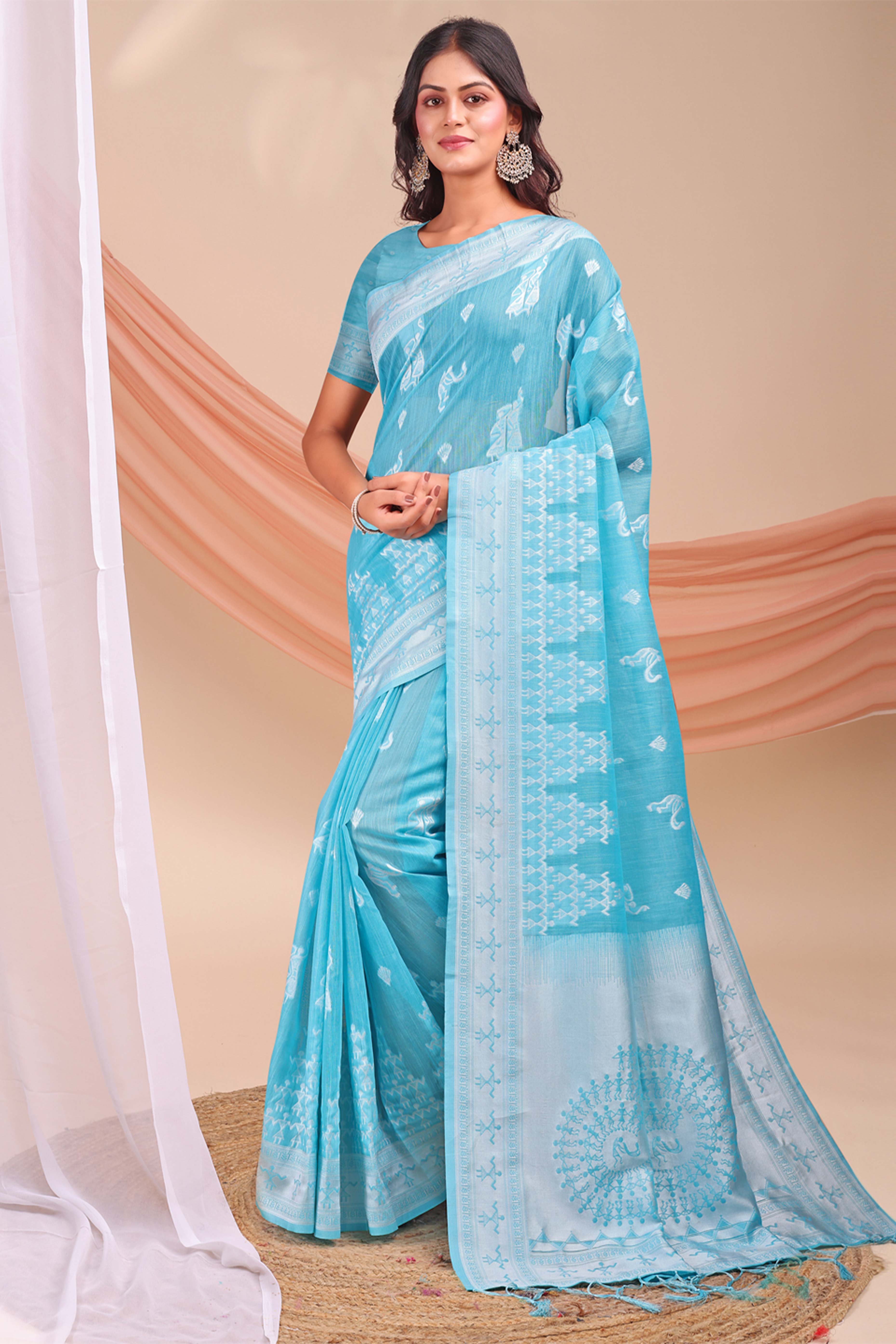 Sky Blue Ethnic Saree in Soft Linen Cotton Fabric Featuring Warli Art Weaving
