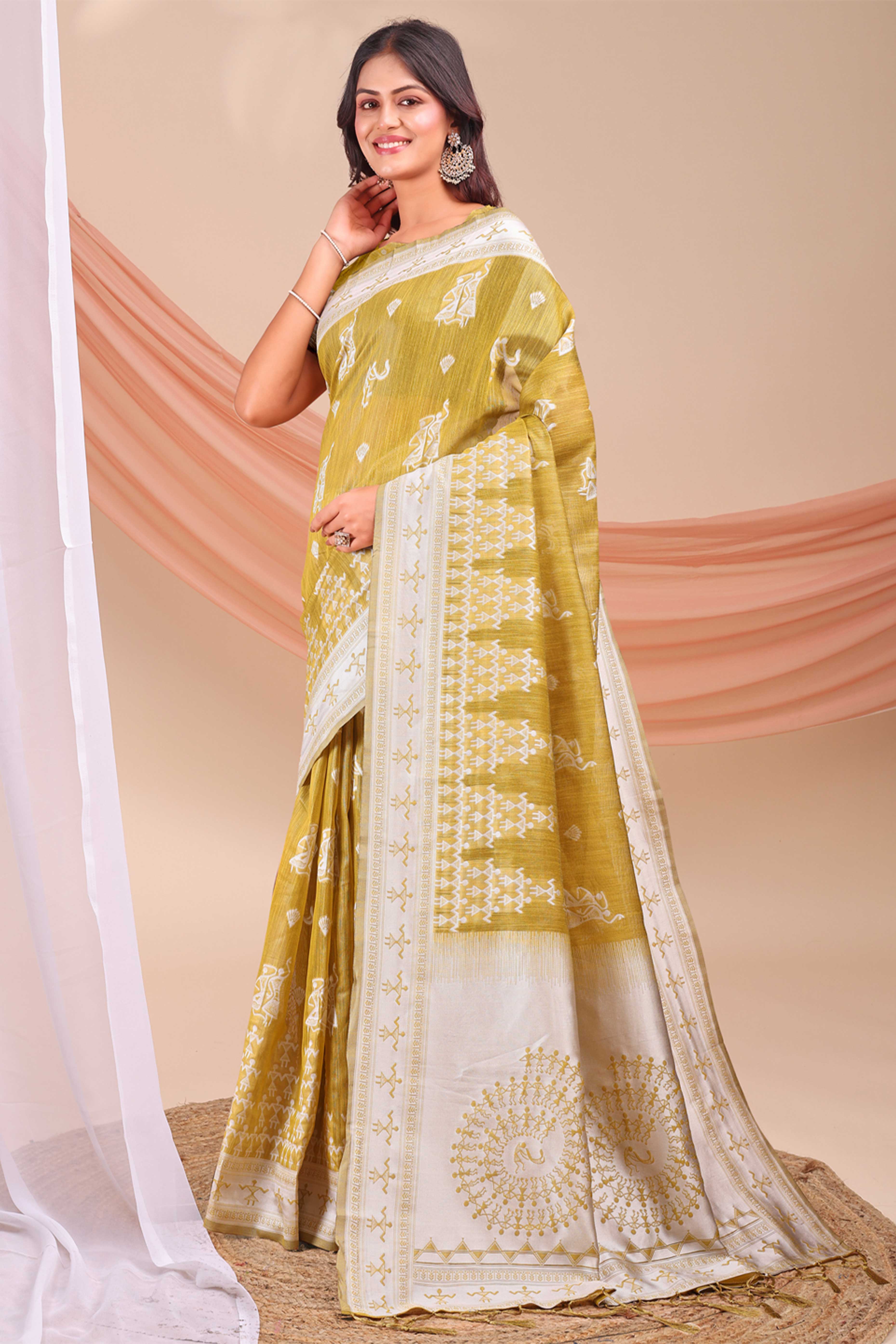 Olive Ethnic Saree in Soft Linen Cotton Fabric Featuring Warli Art Weaving