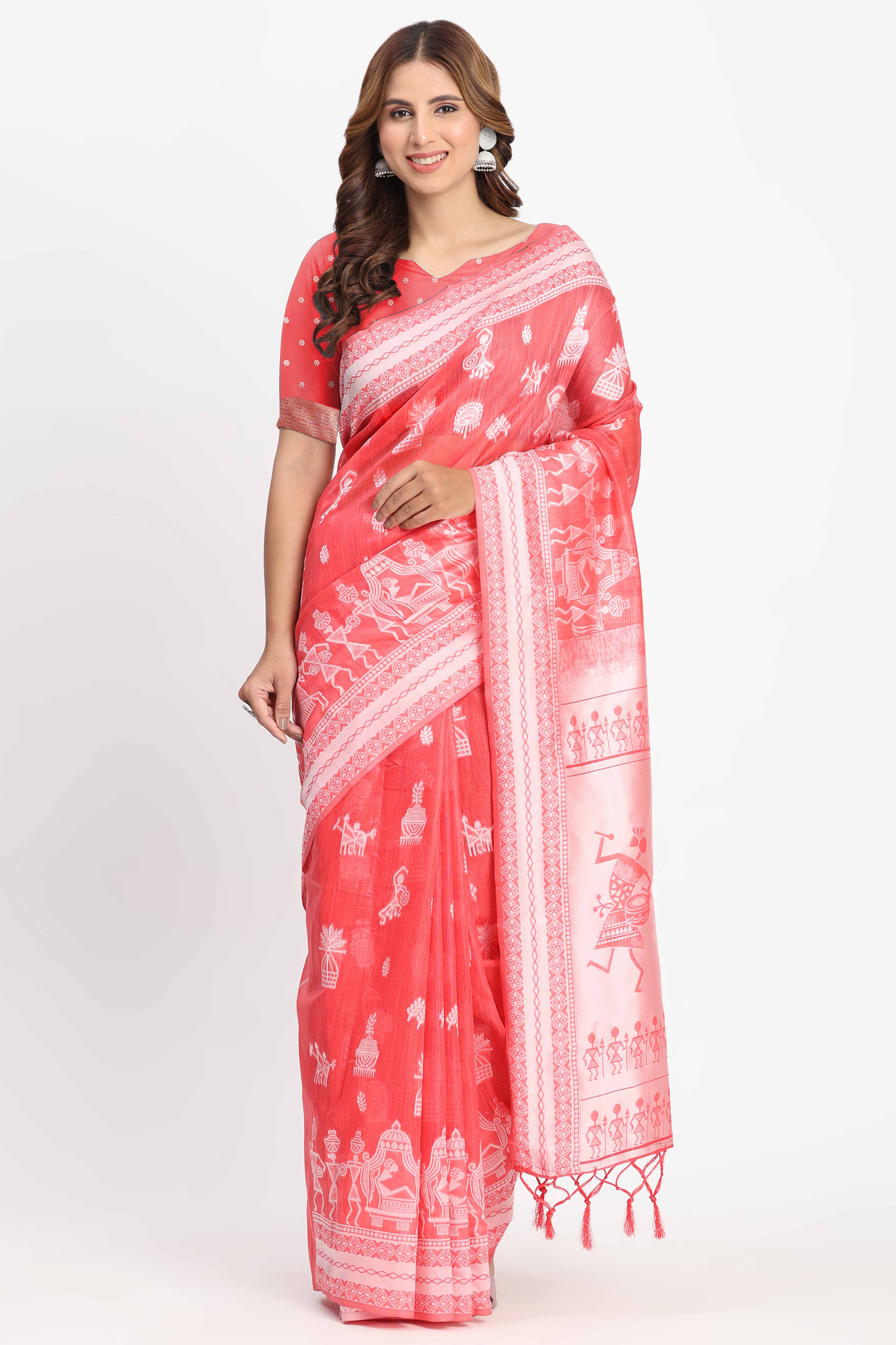 Coral Pink Linen Cotton Saree Showcasing Traditional Warli Motifs In Zari Weaving With Tassel Pallu