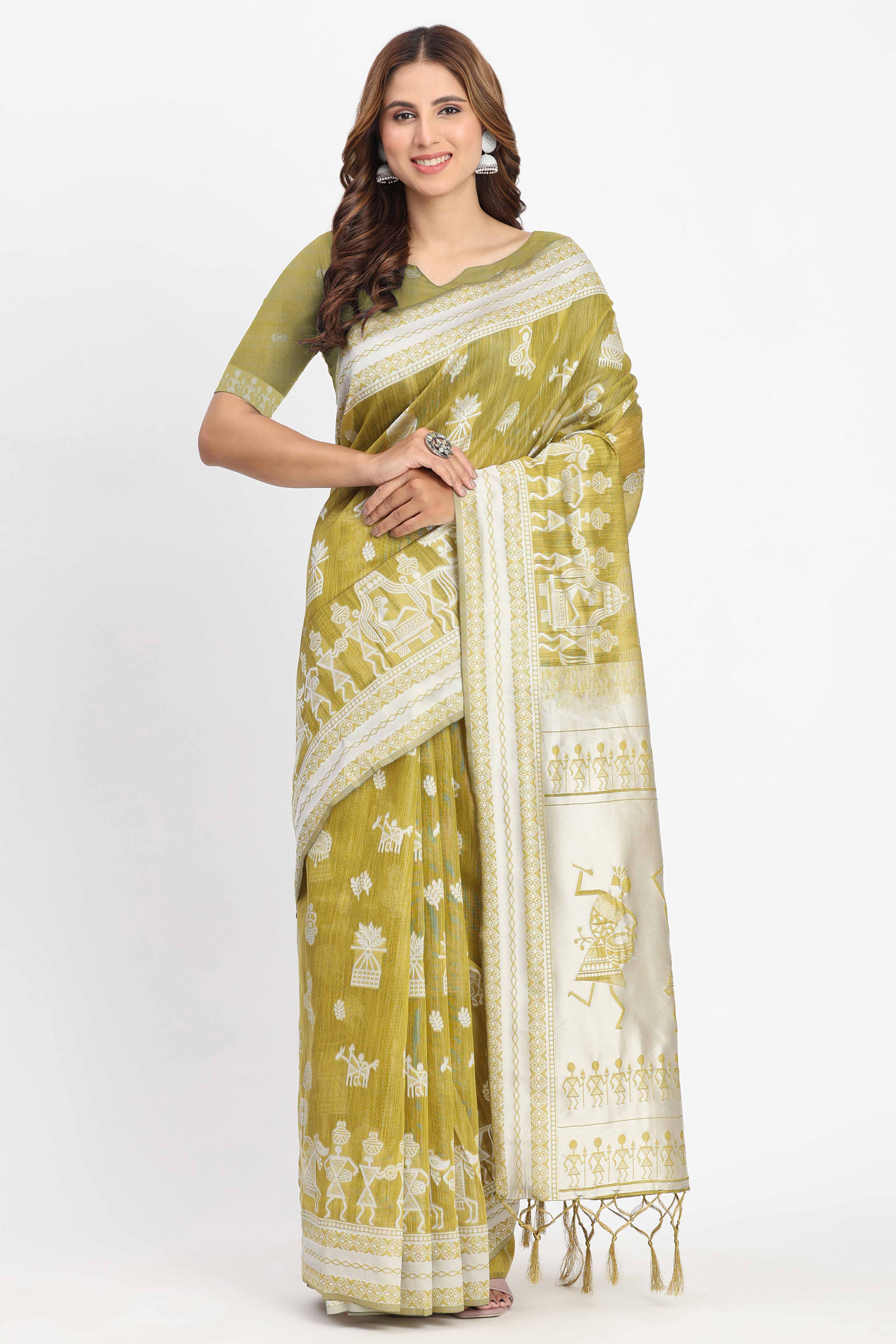 Green Linen Cotton Saree Showcasing Traditional Warli Motifs In Zari Weaving With Tassel Pallu