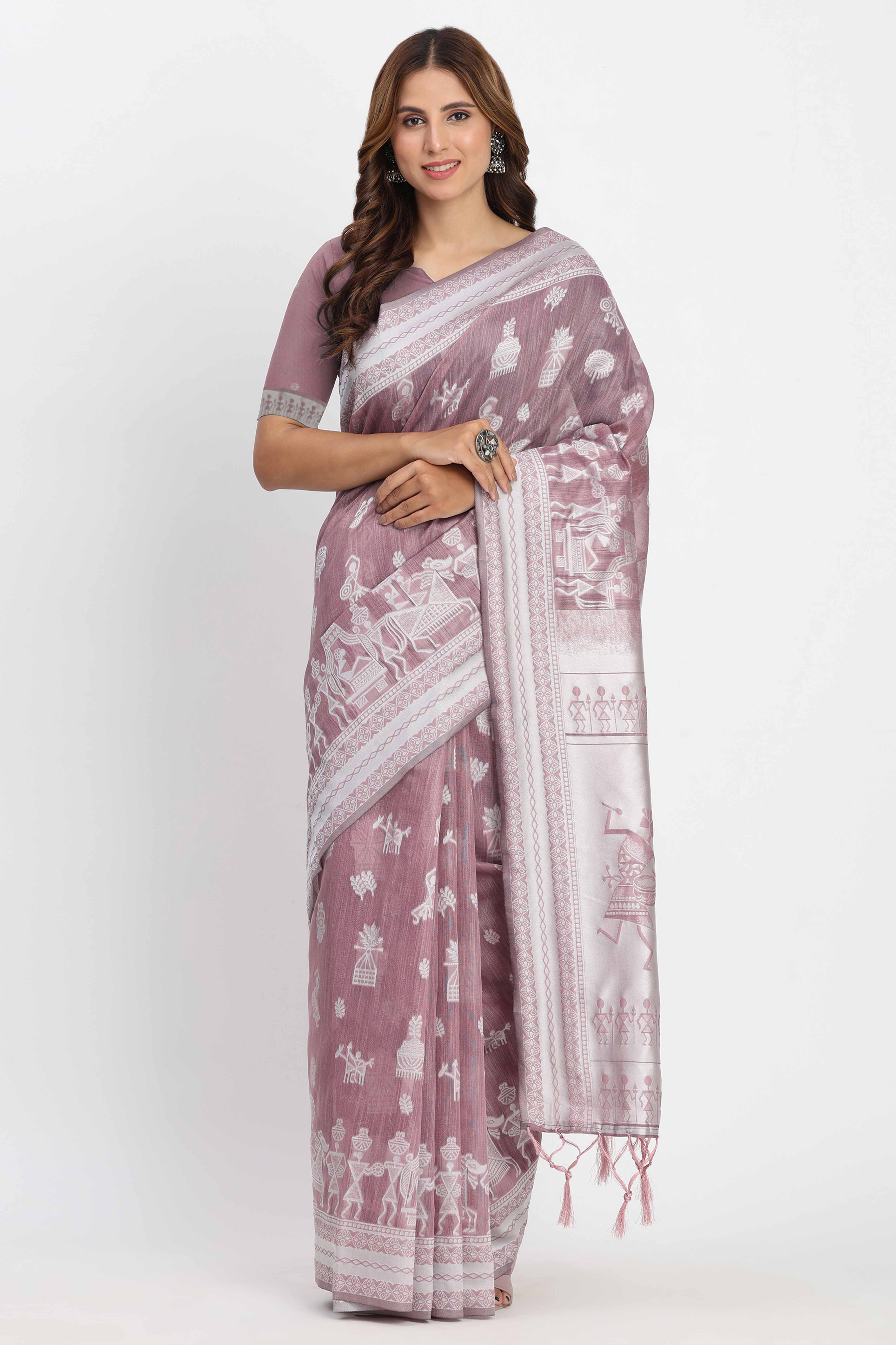 Mauve Linen Cotton Saree Showcasing Traditional Warli Motifs In Zari Weaving With Tassel Pallu