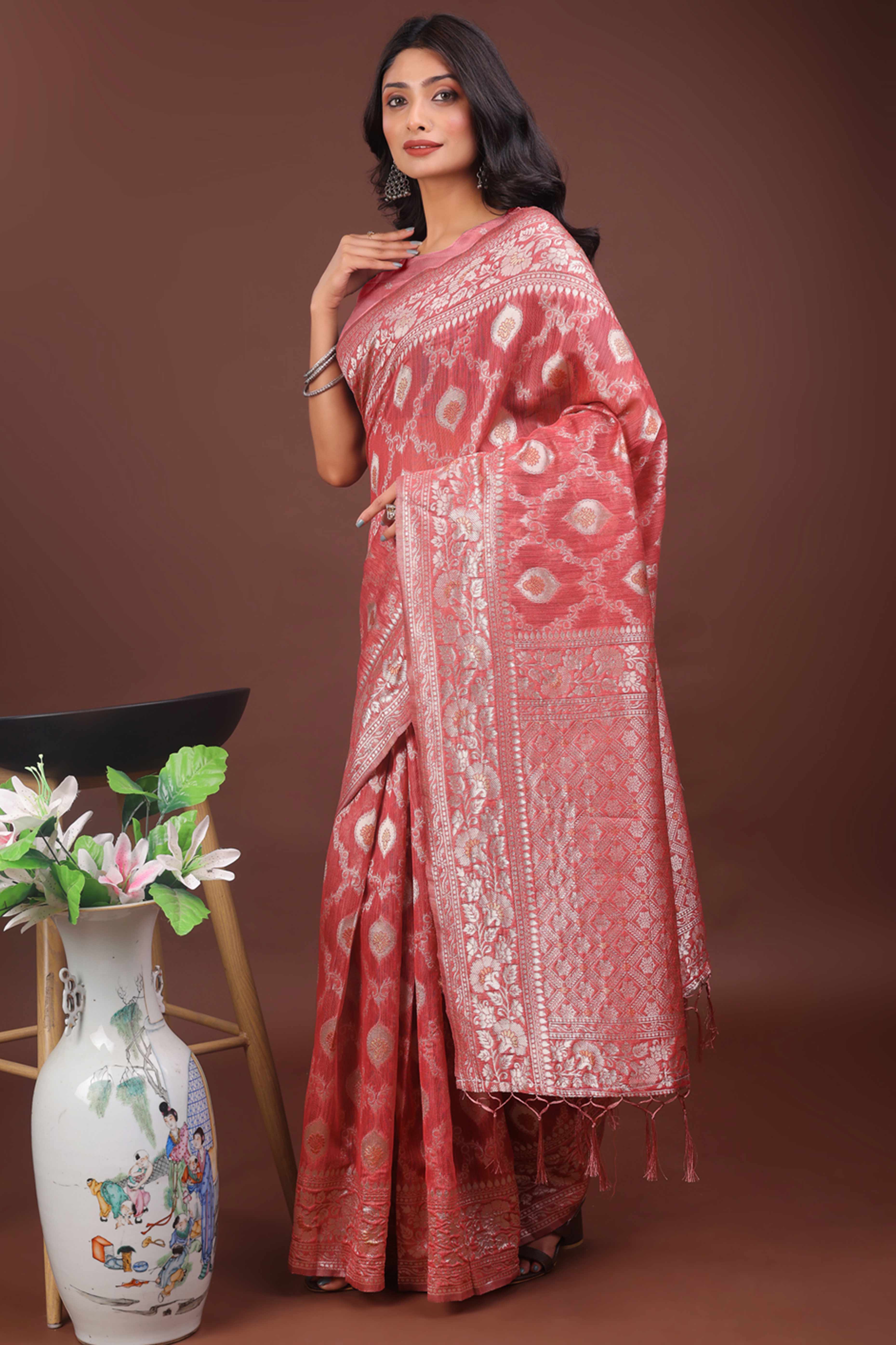Peach Cotton Blend Saree with Banarasi Style Floral Design and Tassels