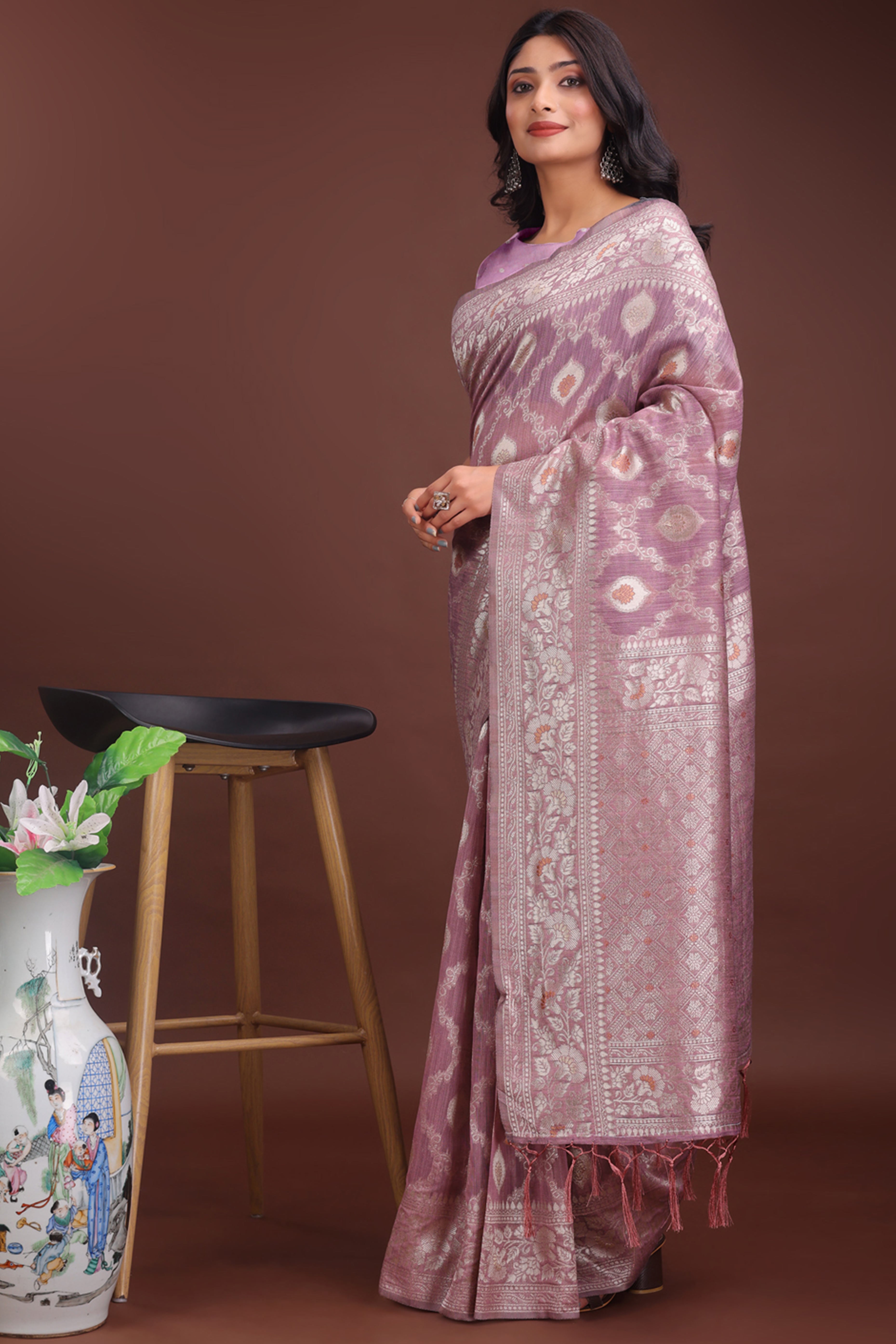 Dusty Mauve Cotton Blend Saree with Banarasi Style Floral Elegance and Tassels