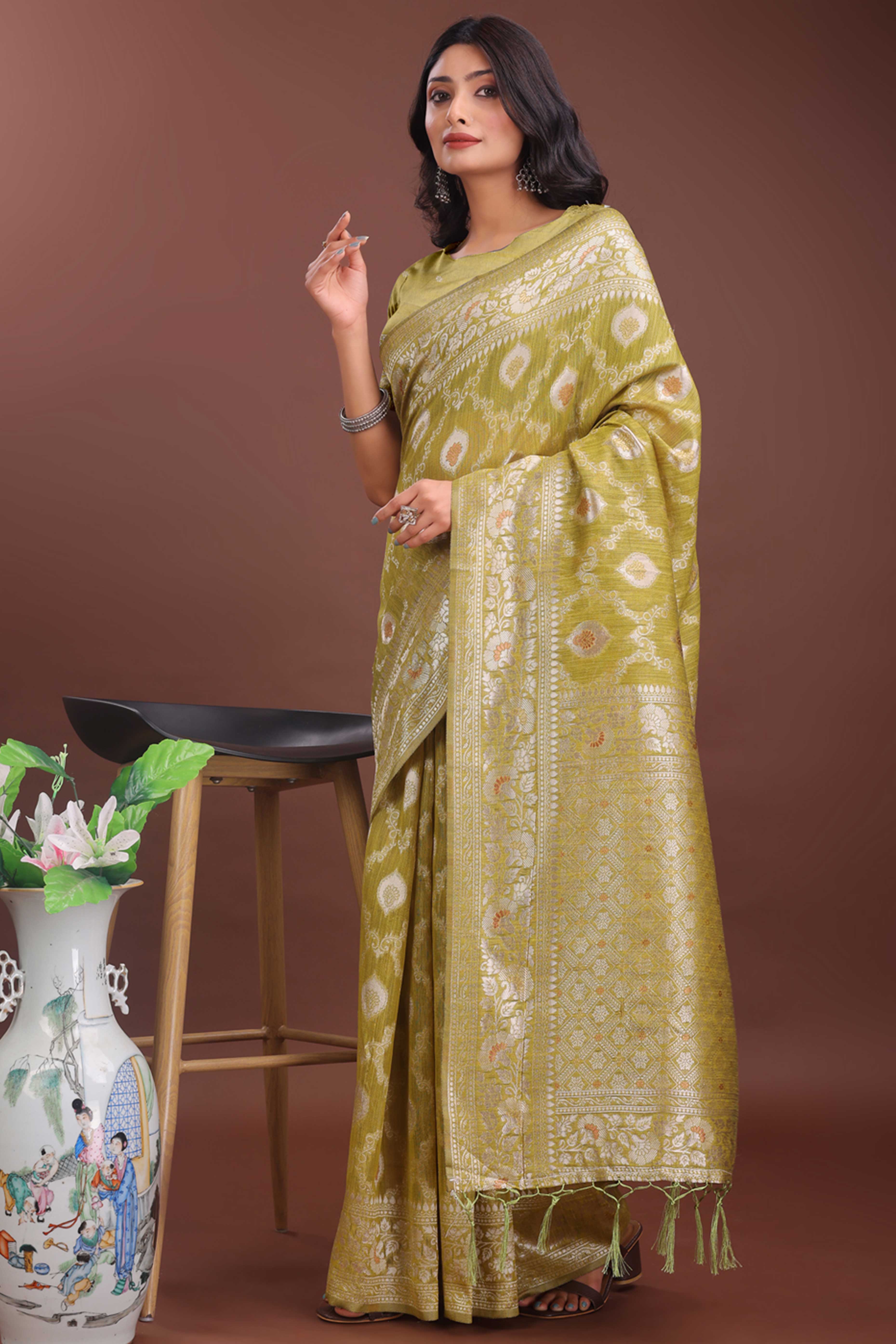 Olive Cotton Blend Saree with Banarasi Style Floral Motif and Tassels