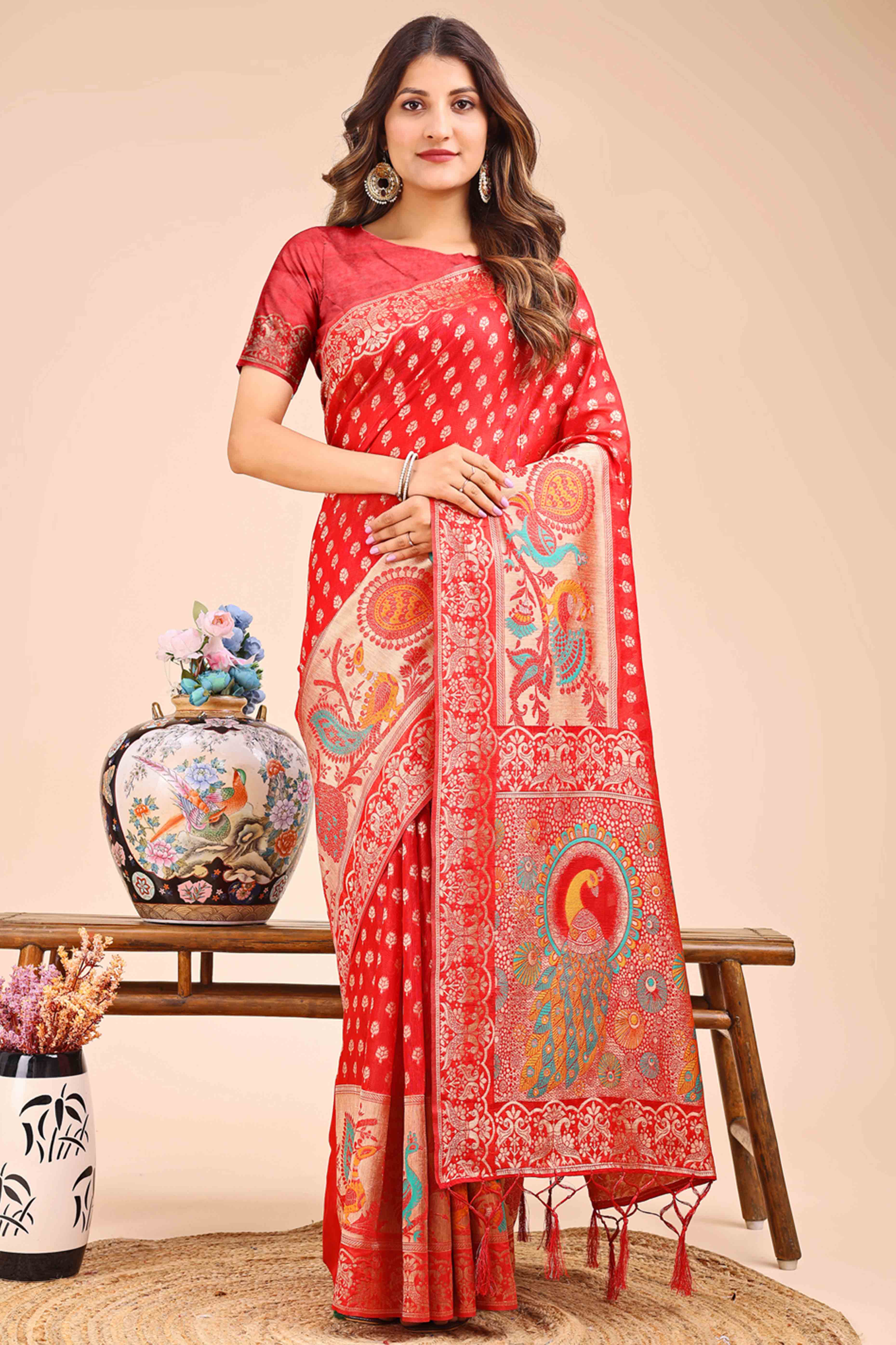 Red Floral Zari Weaving Embellished Linen Cotton Saree With Tassel Accents