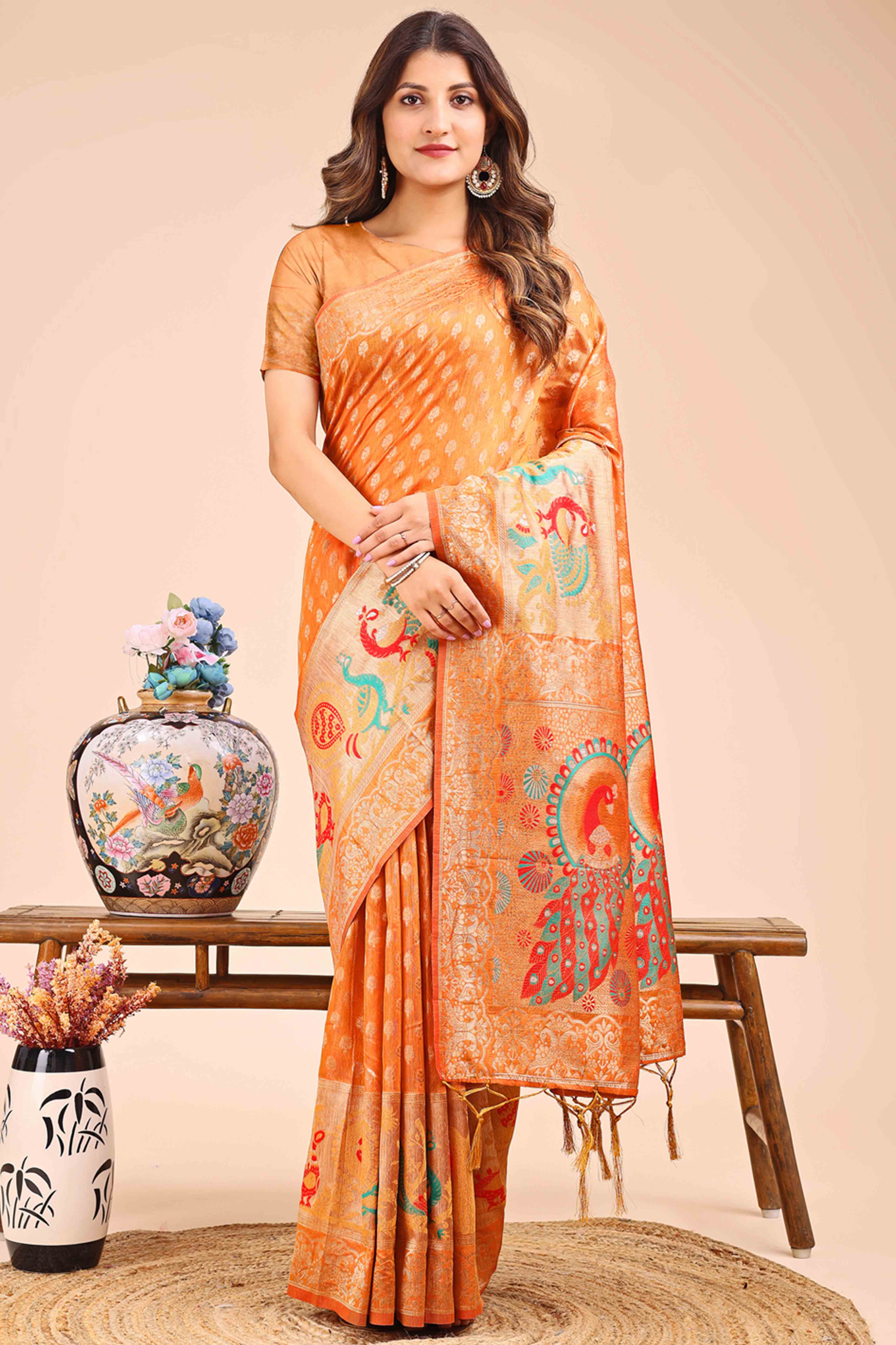 Orange Floral Zari Weaving Embellished Linen Cotton Saree With Tassel Accents