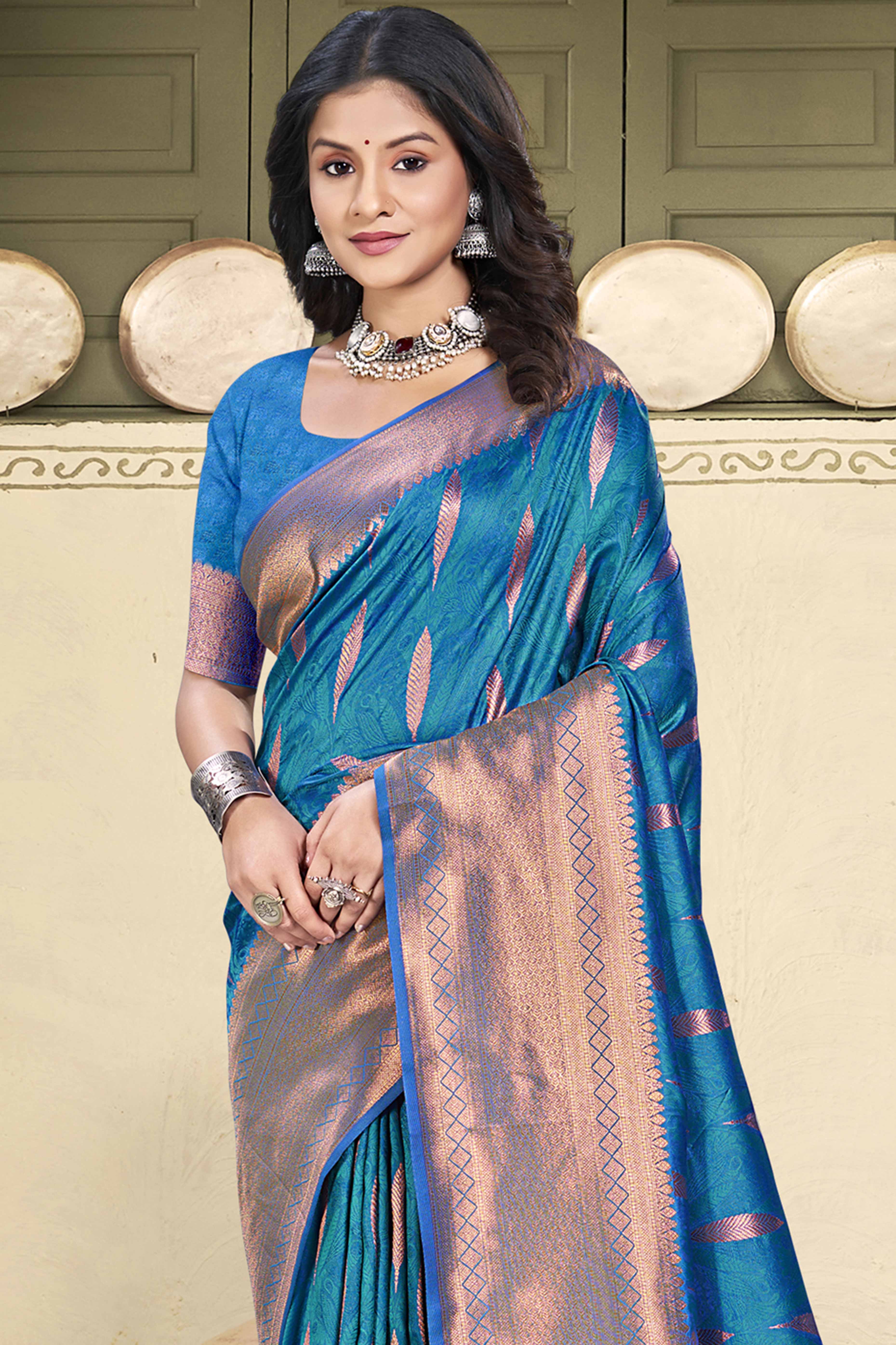 Timeless Blue Floral Zari Woven Silk Blend Saree Accented With Tassel Pallu