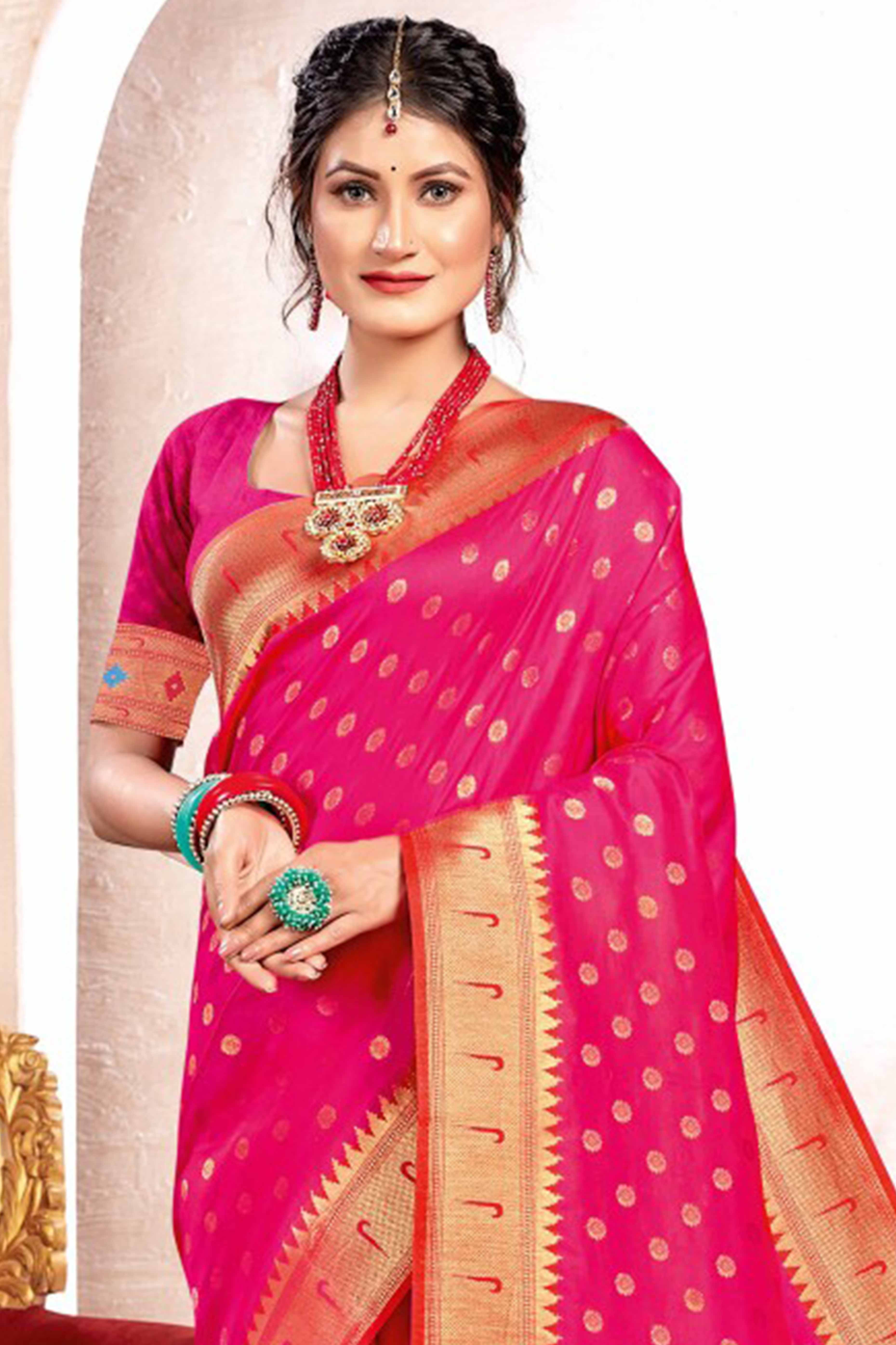 Rani Pink Floral Zari Weaving Paithani Saree In Lustrous Banarasi Silk With Tassel Pallu