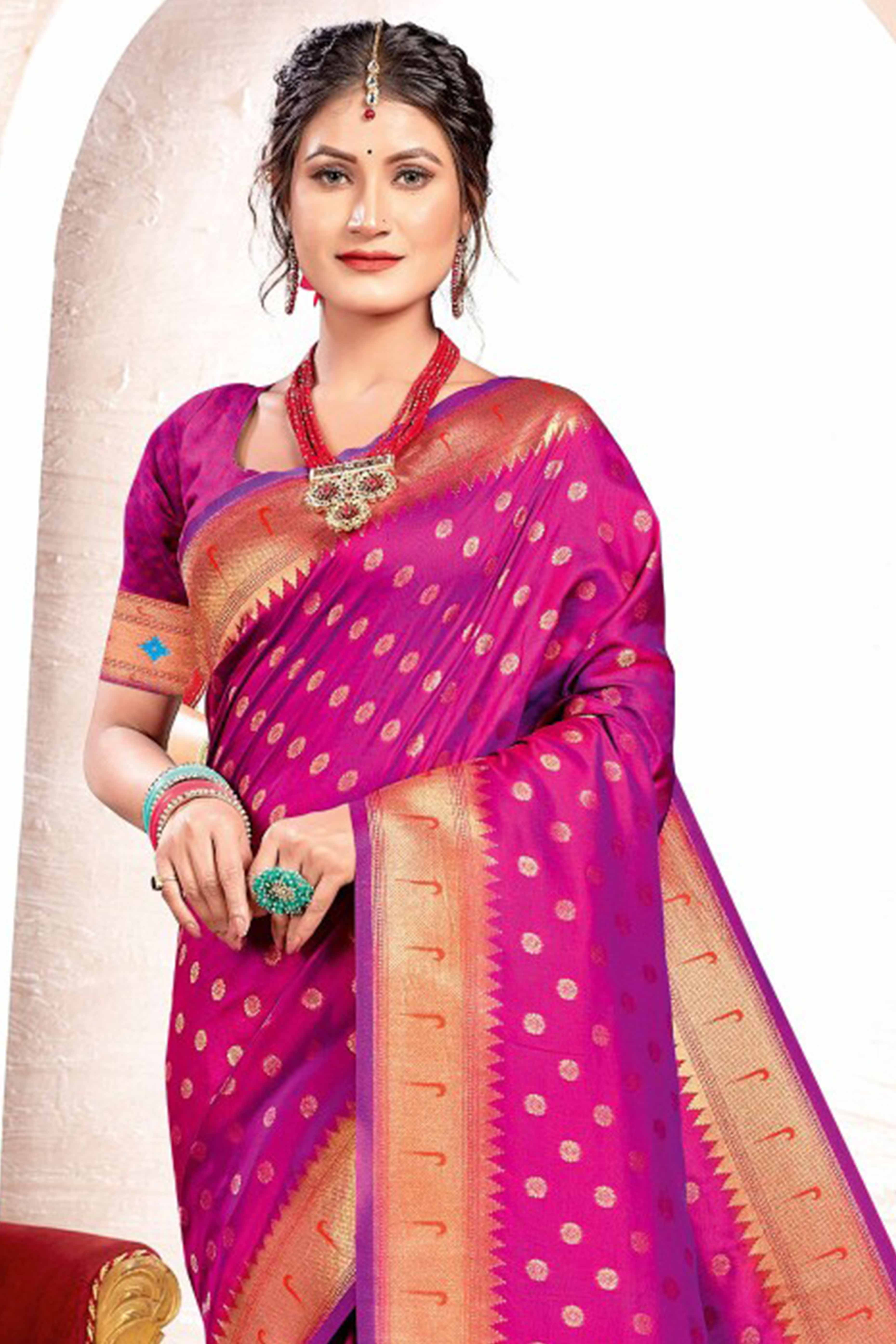 Purple Floral Zari Weaving Paithani Saree In Lustrous Banarasi Silk With Tassel Pallu