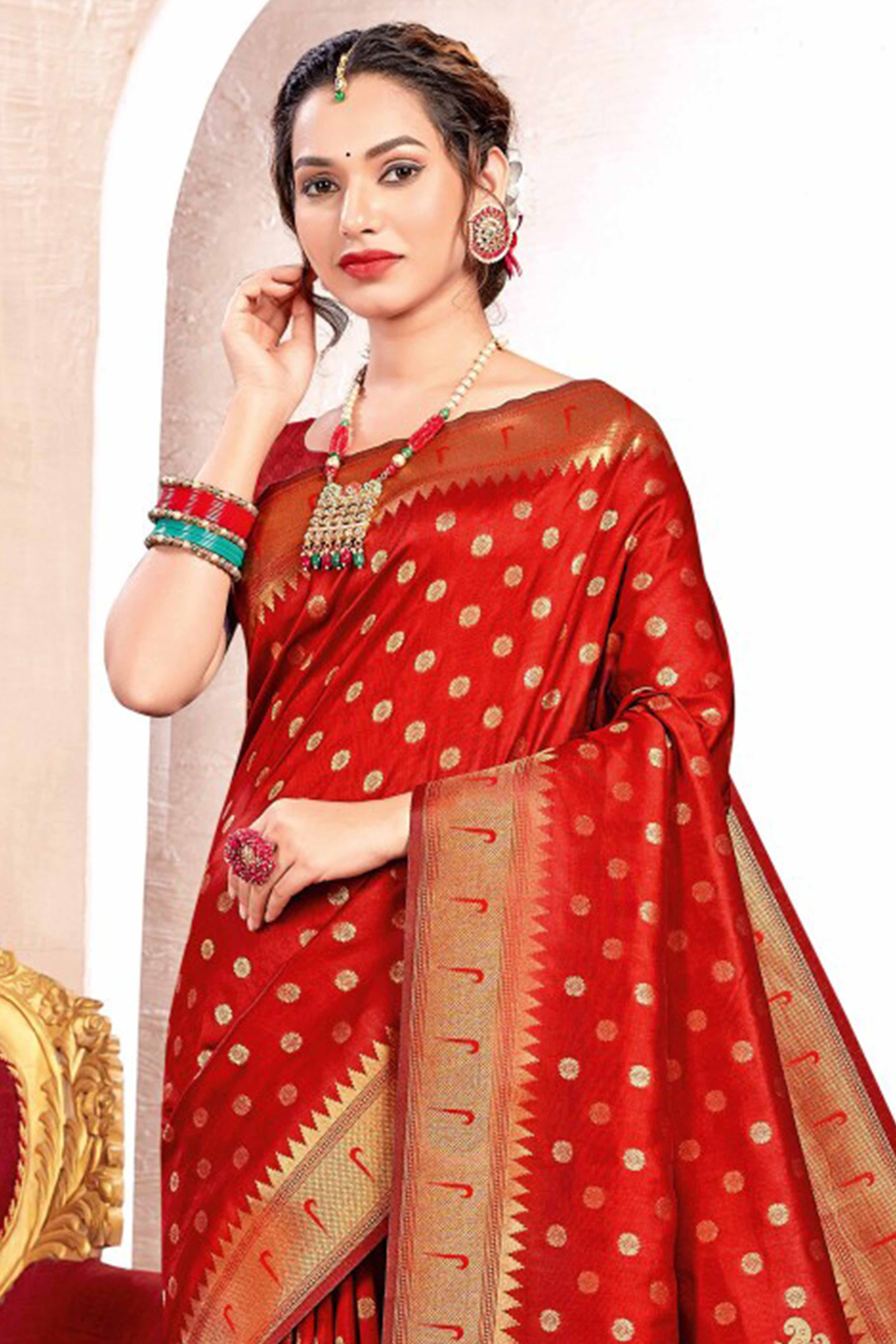 Red Floral Zari Weaving Paithani Saree In Lustrous Banarasi Silk With Tassel Pallu