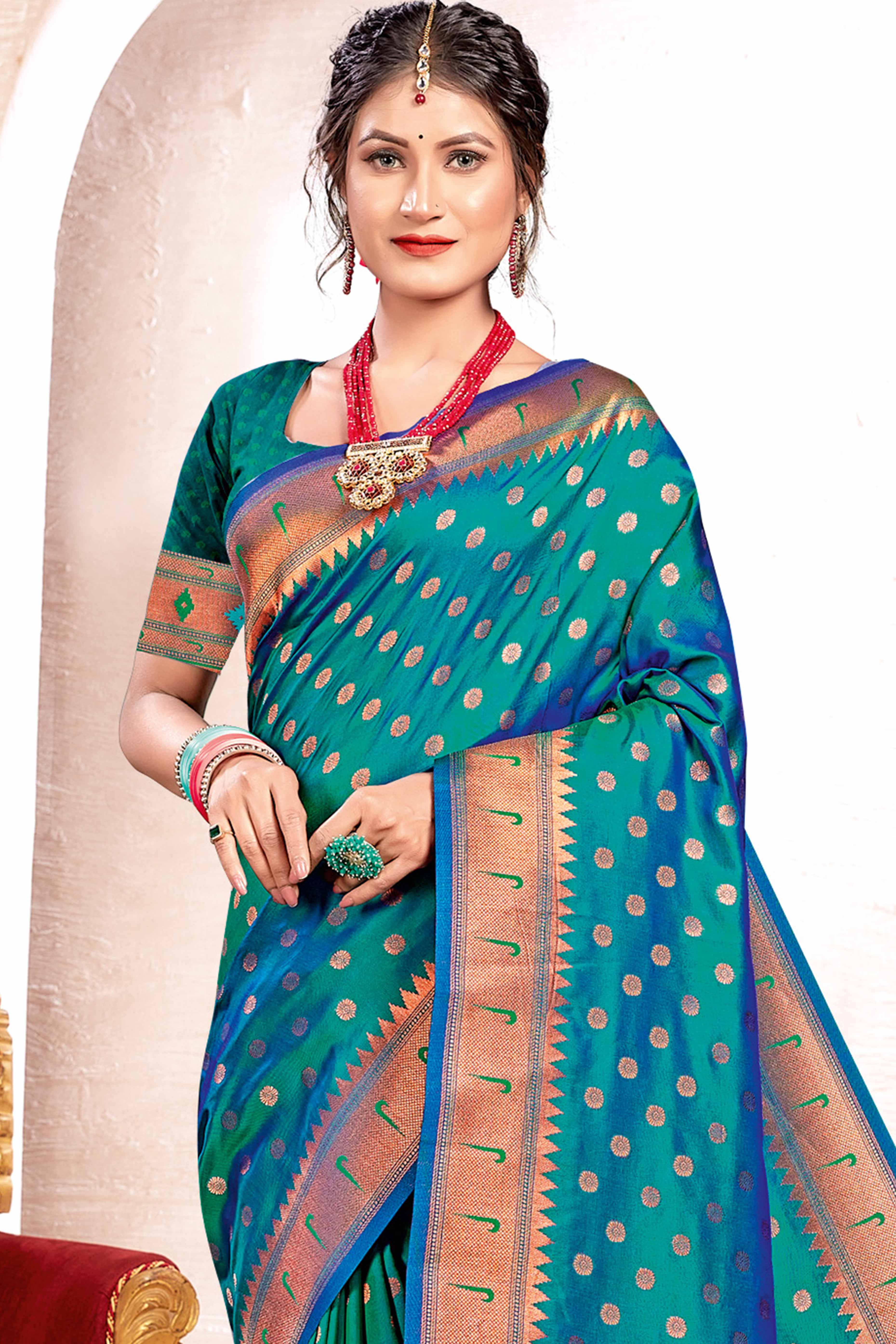 Rama Blue Floral Zari Weaving Paithani Saree In Lustrous Banarasi Silk With Tassel Pallu