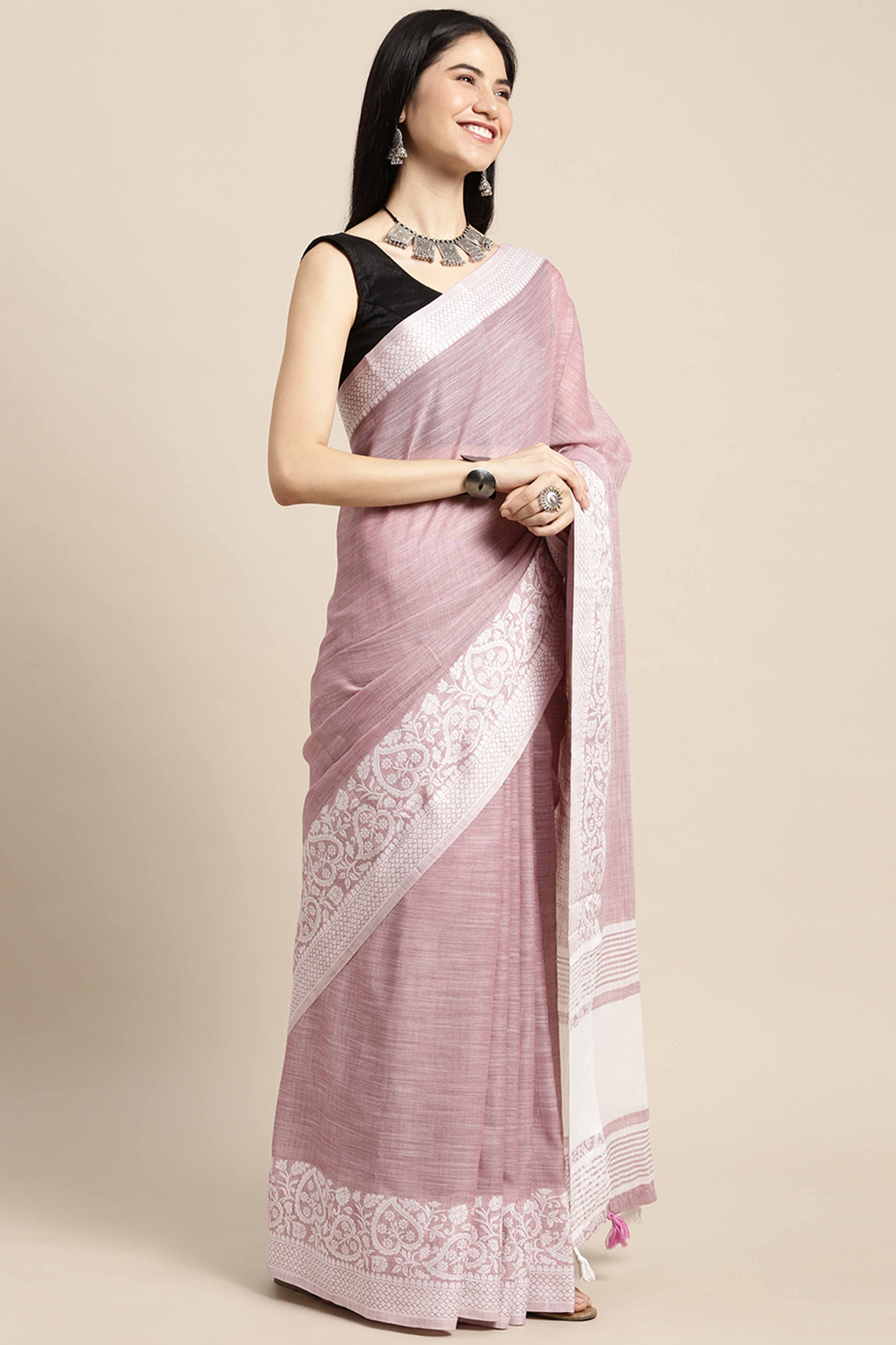 Purple Festive Linen Weaving Saree with Silver Zari Border & Pallu
