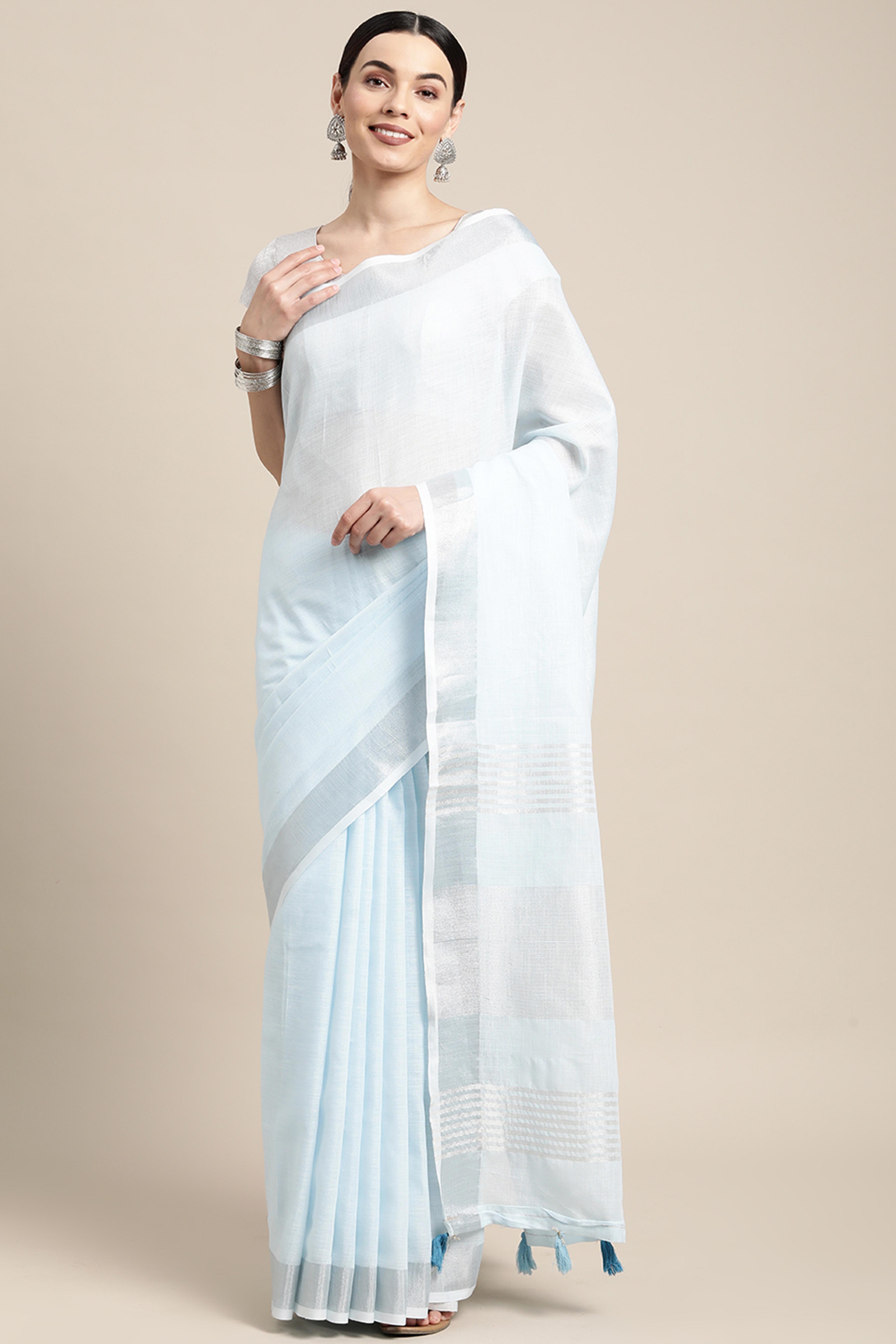Light Sky Blue Linen Saree Adorned With Silver Zari Weaving Border & Pallu