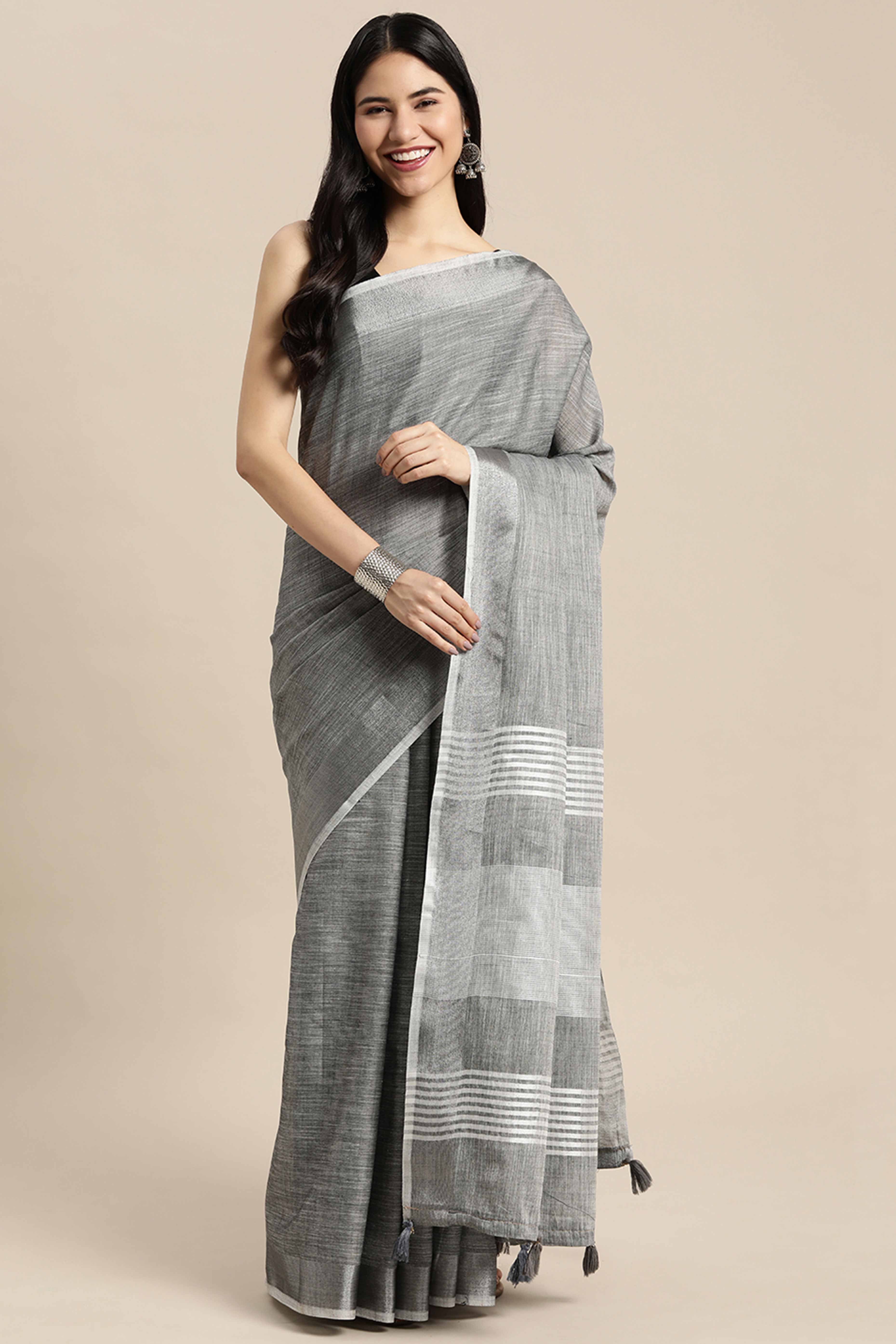 Grey Linen Saree Adorned With Silver Zari Weaving Border & Pallu