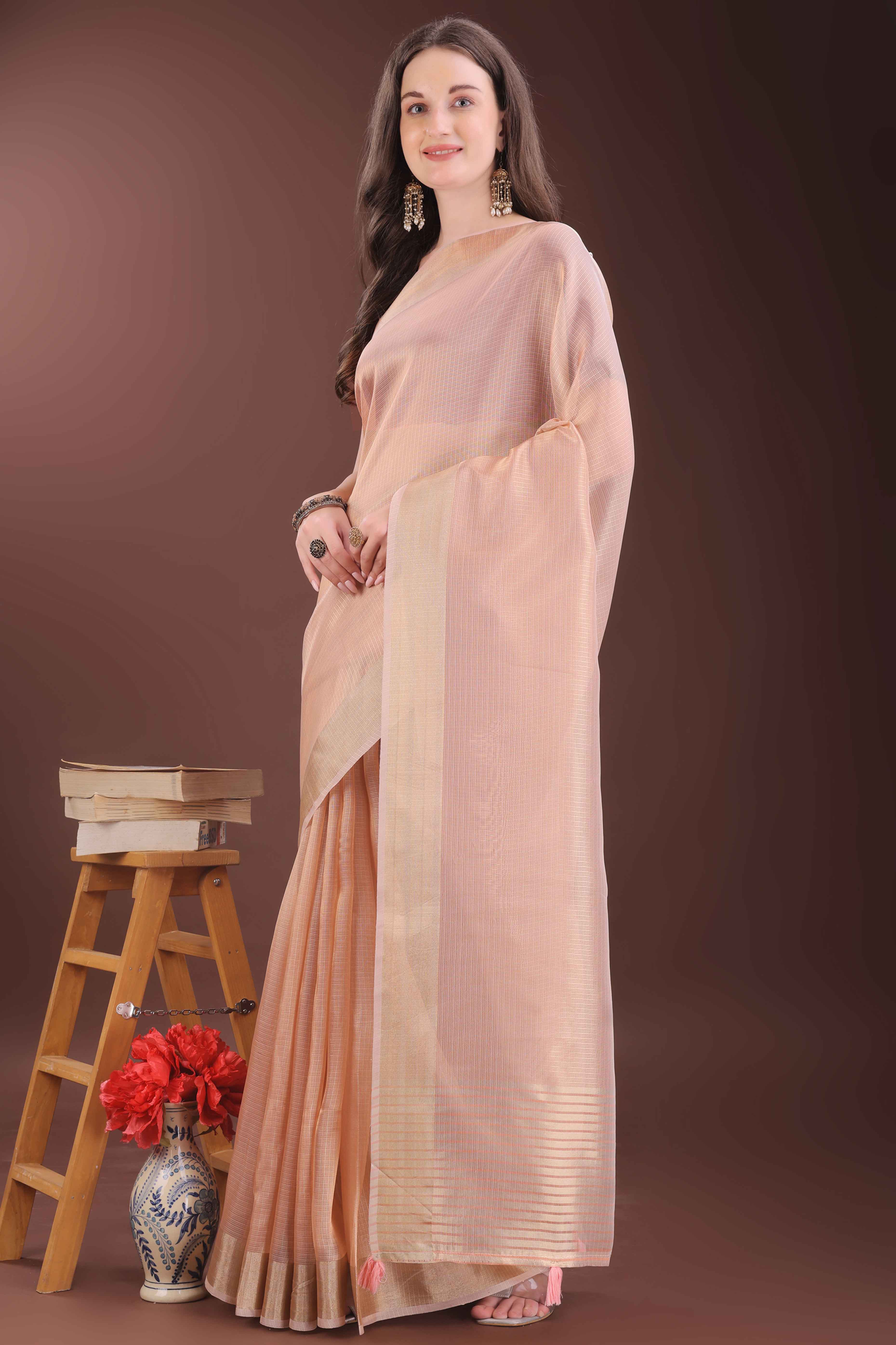 Peach Zari Woven Organza Saree With Graceful Tassel Border