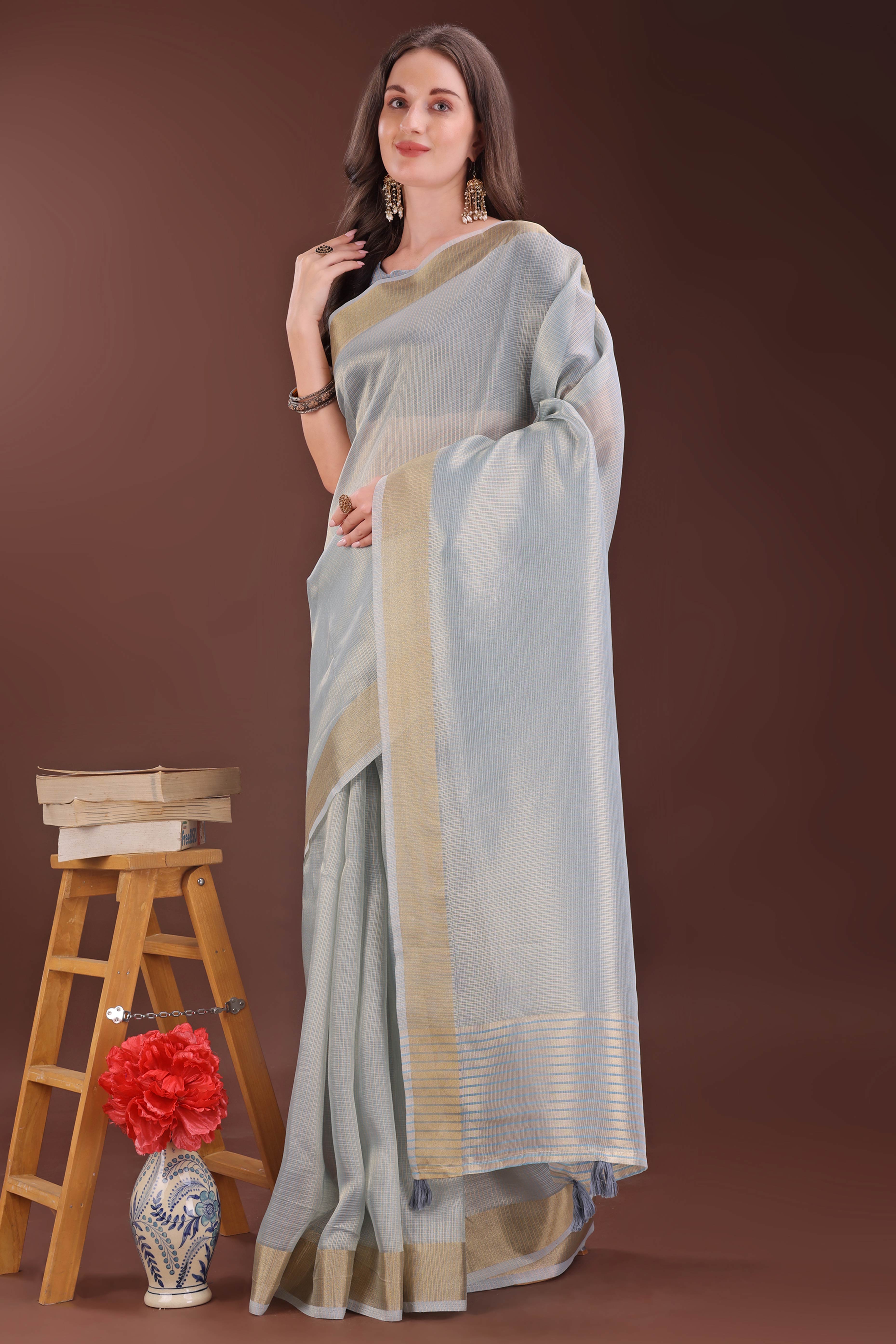 Grey Zari Woven Organza Saree With Graceful Tassel Border