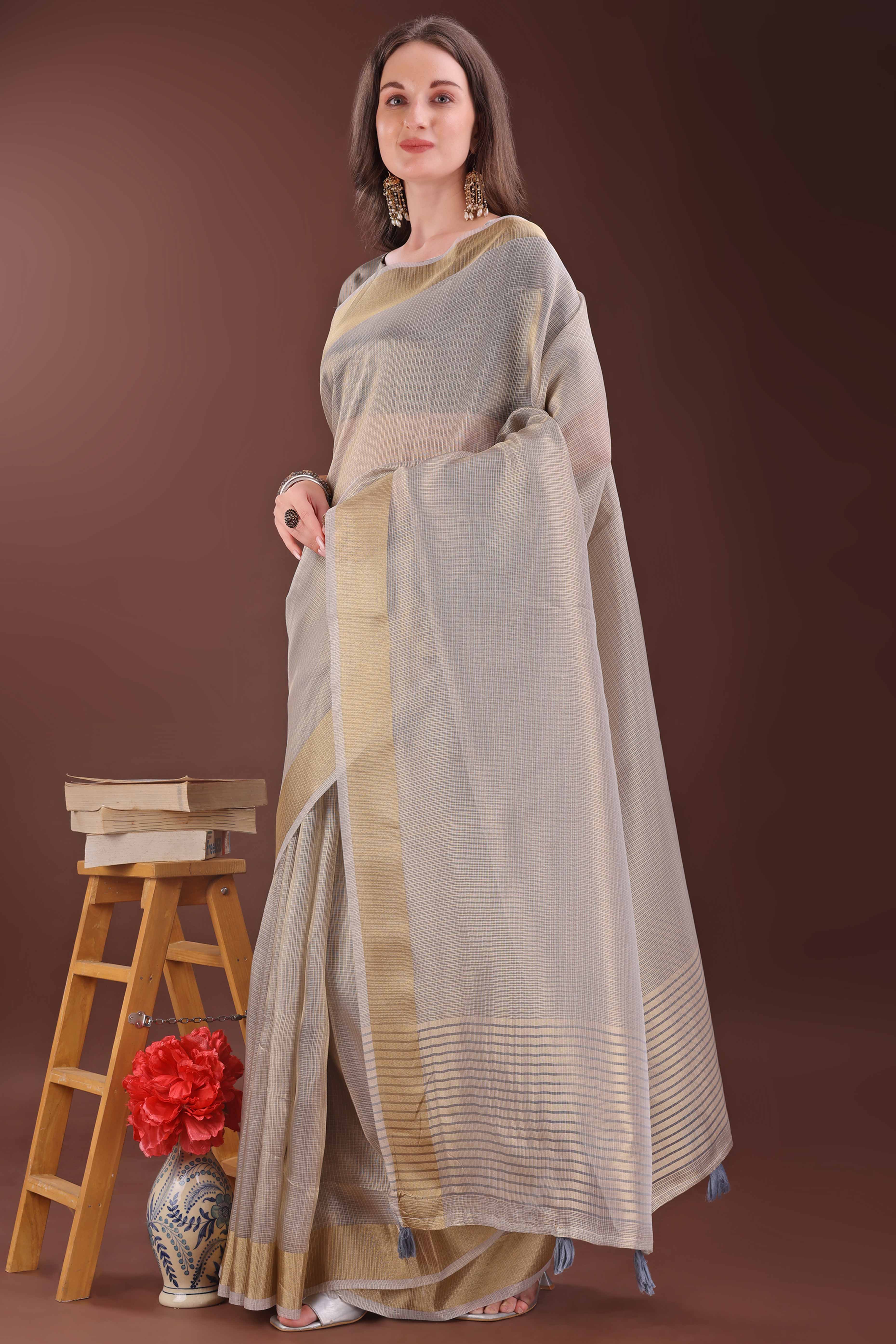 Light Brown Zari Woven Organza Saree With Graceful Tassel Border