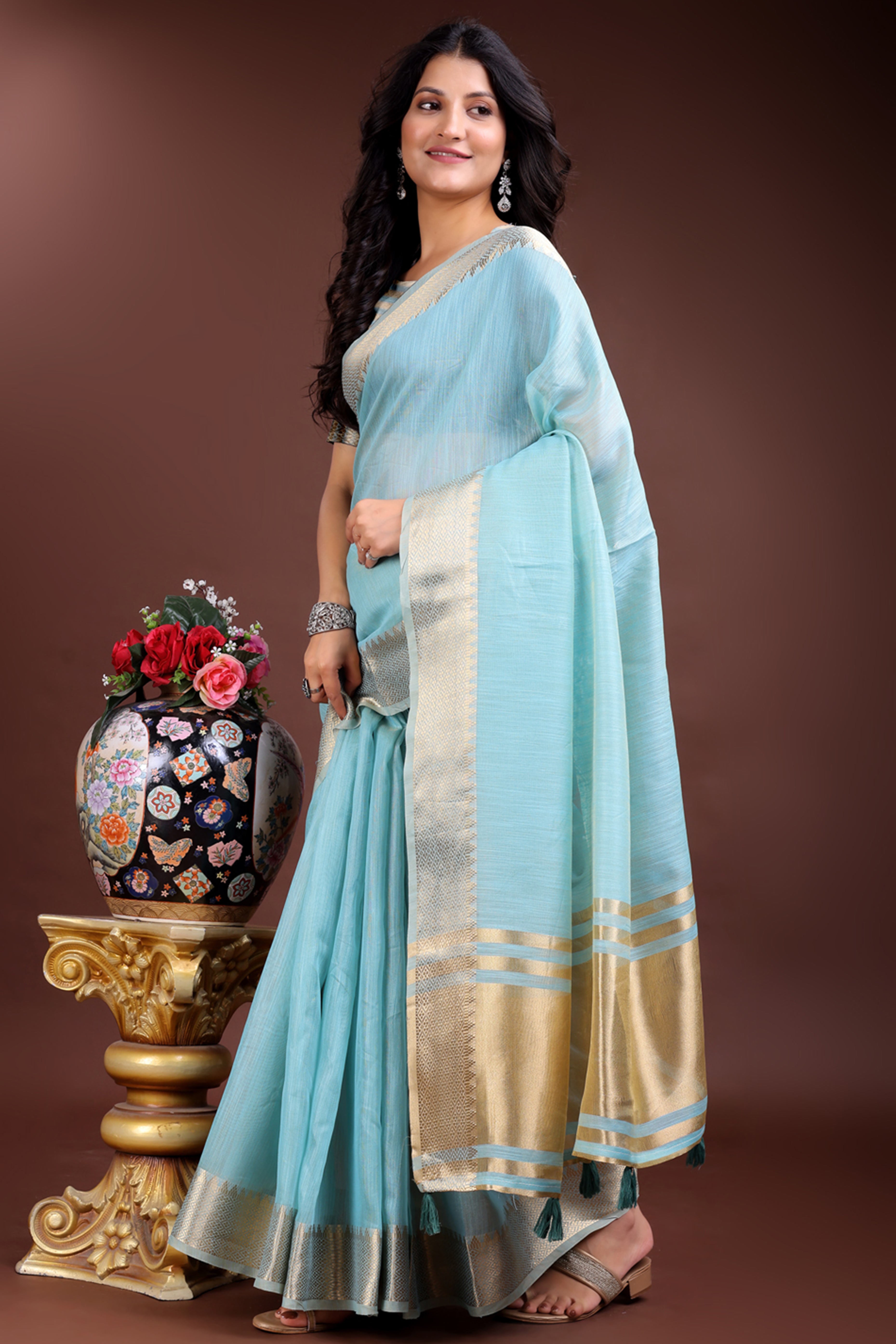 Sky Blue Cotton Silk Saree with Solid Zari Woven Trim and Tassels