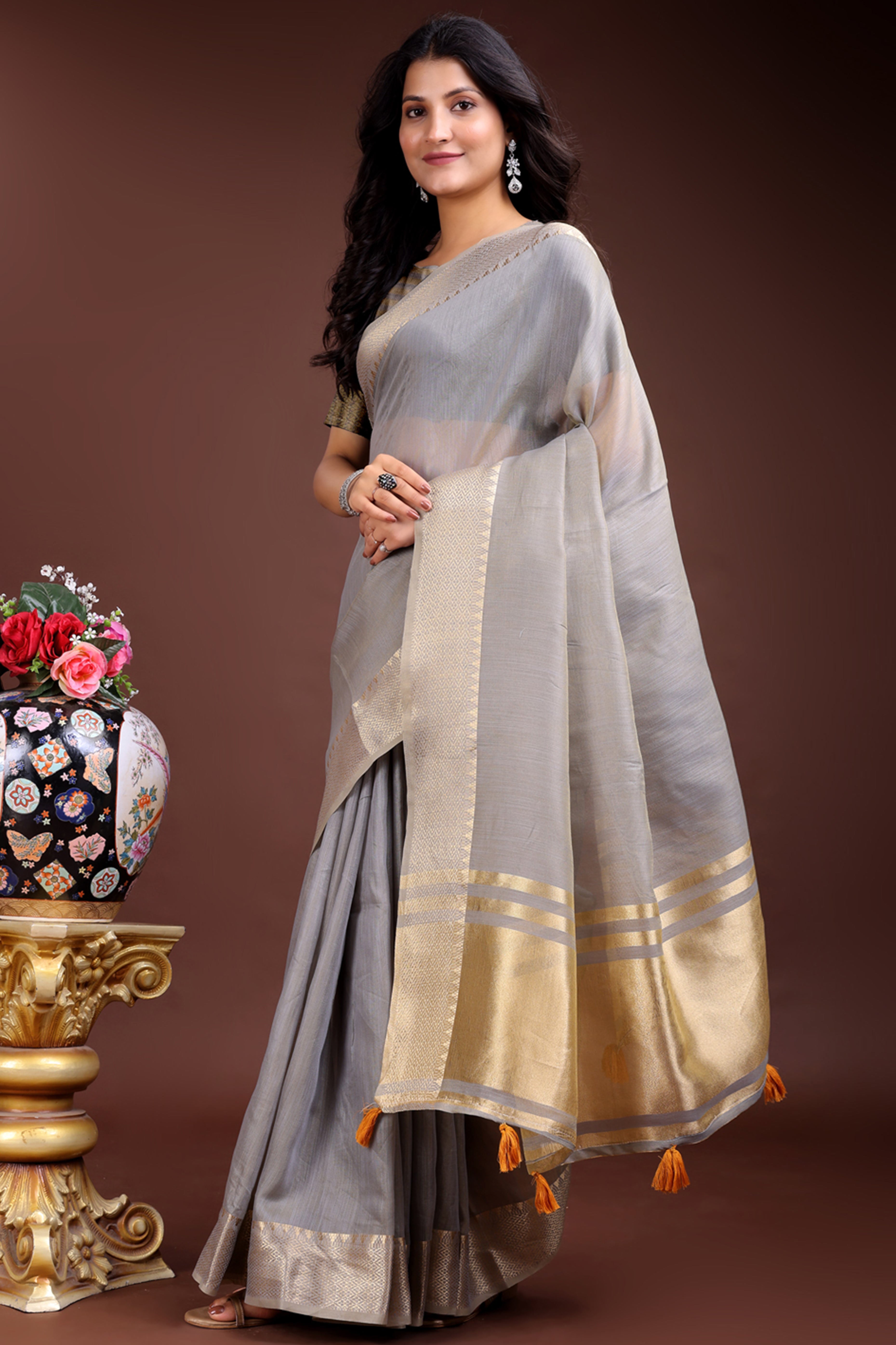 Grey Cotton Silk Saree with Solid Zari Woven Outline and Tassels