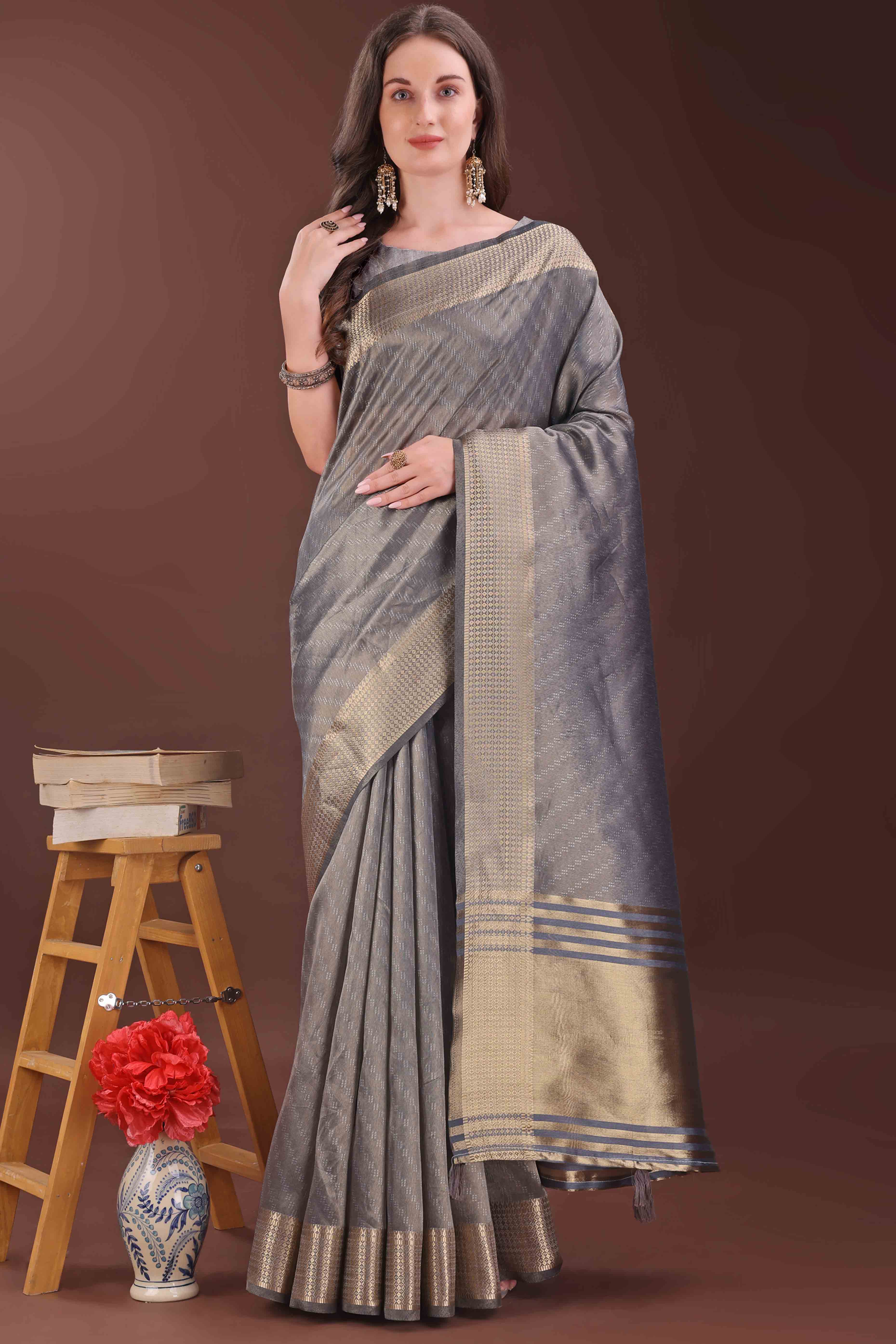 Grey Zari Weaving Organza Saree With Tassel Border