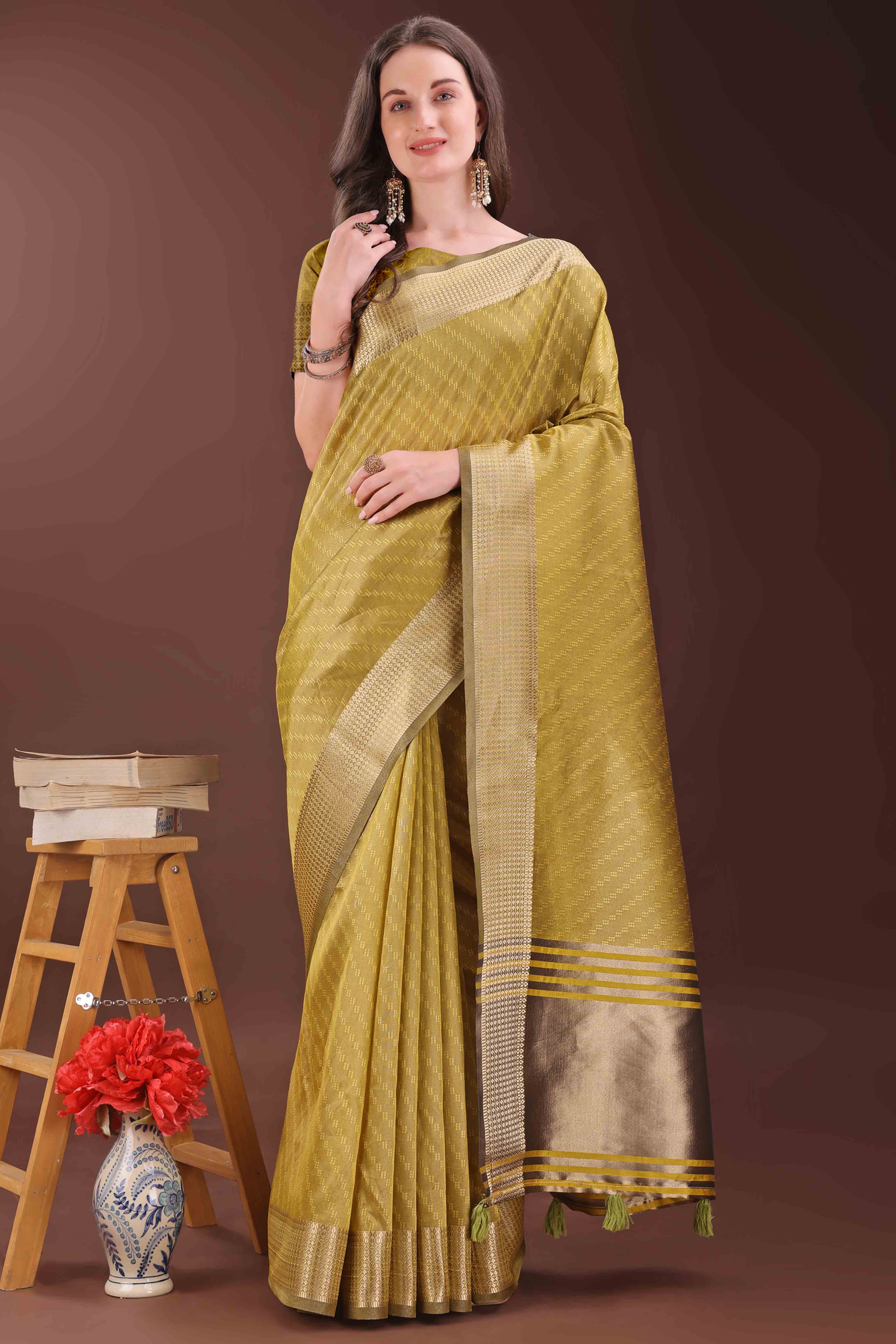 Mustard Zari Weaving Organza Saree With Tassel Border