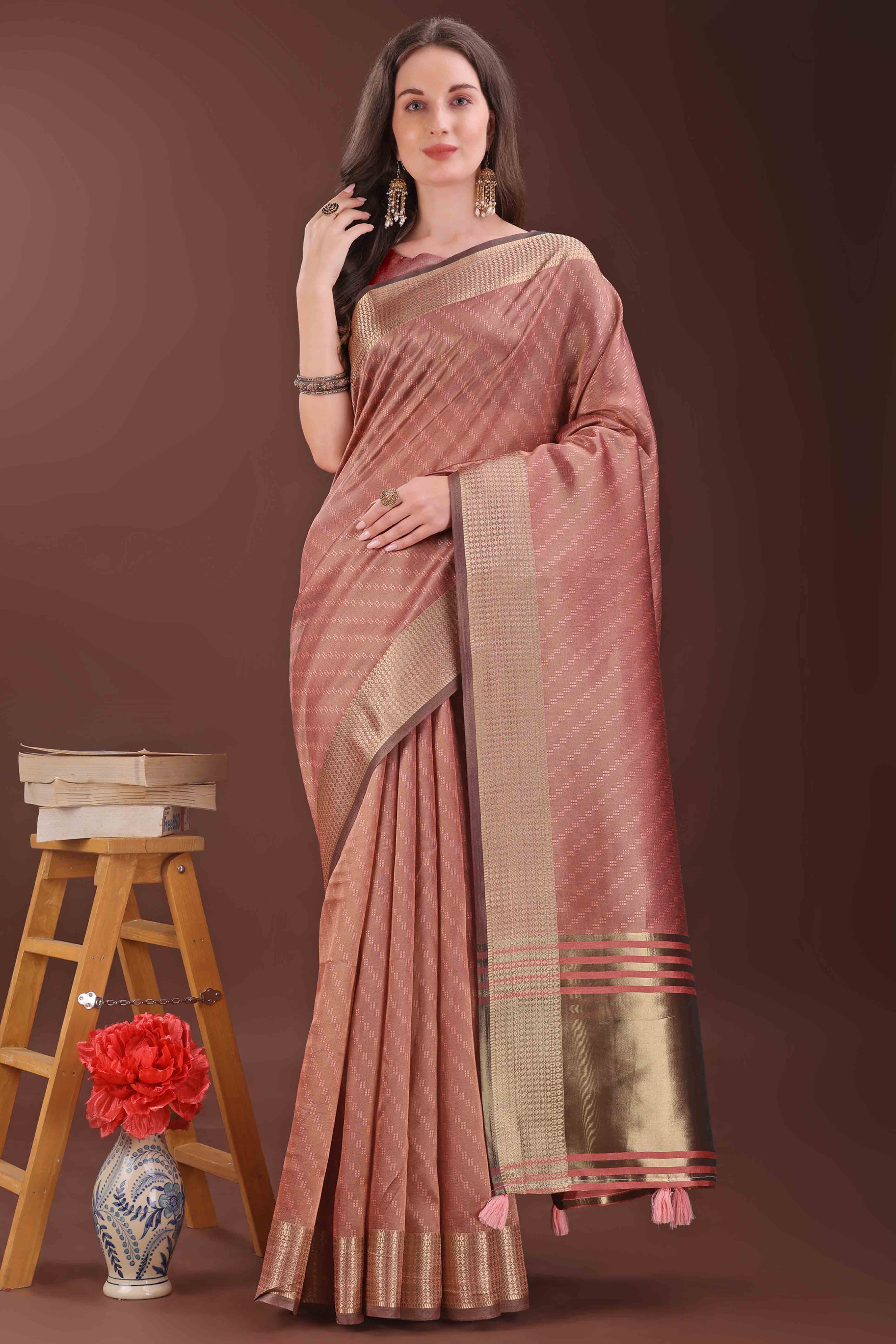 Dark Dusty Peach Zari Weaving Organza Saree With Tassel Border