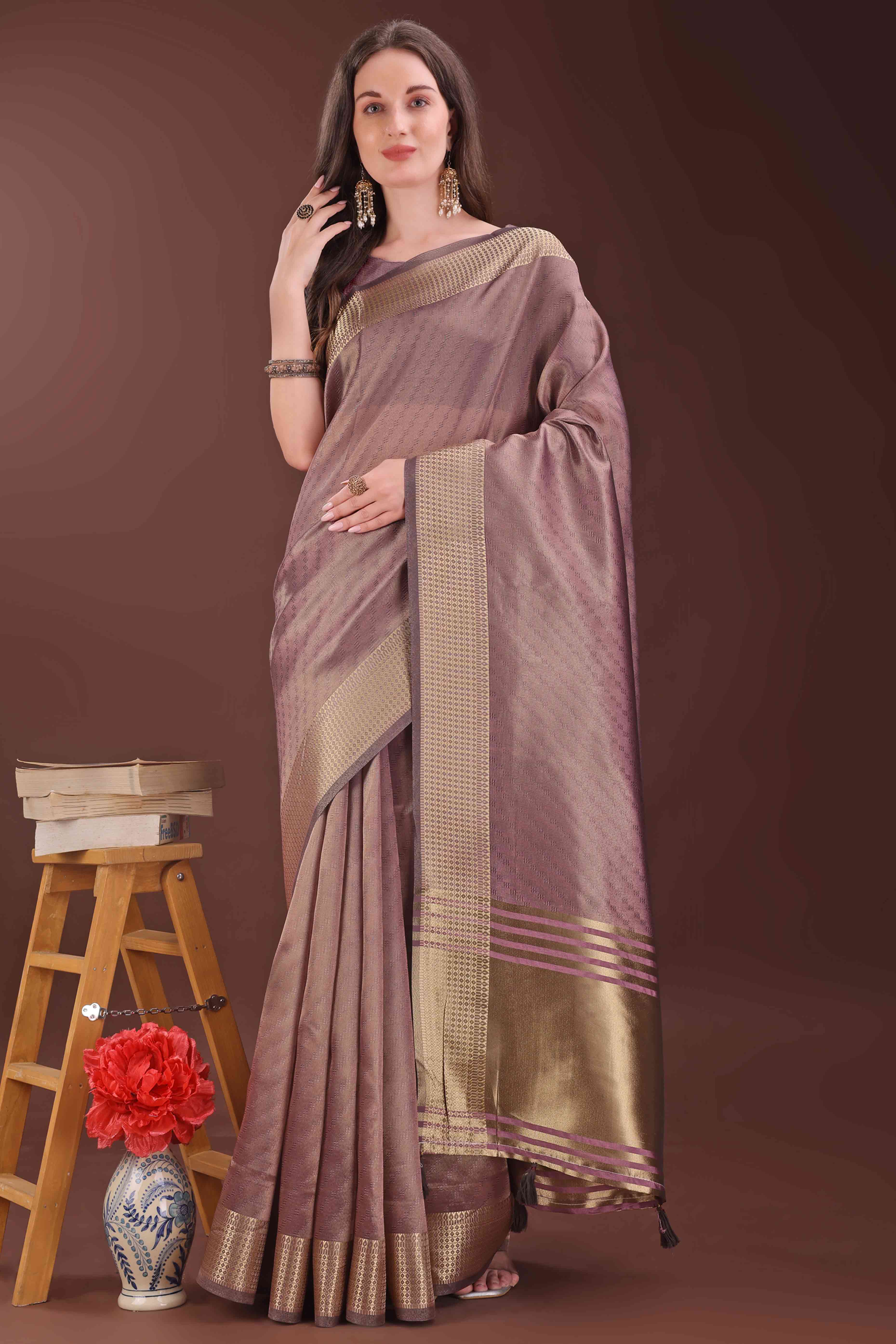Mauve Zari Weaving Organza Saree With Tassel Border