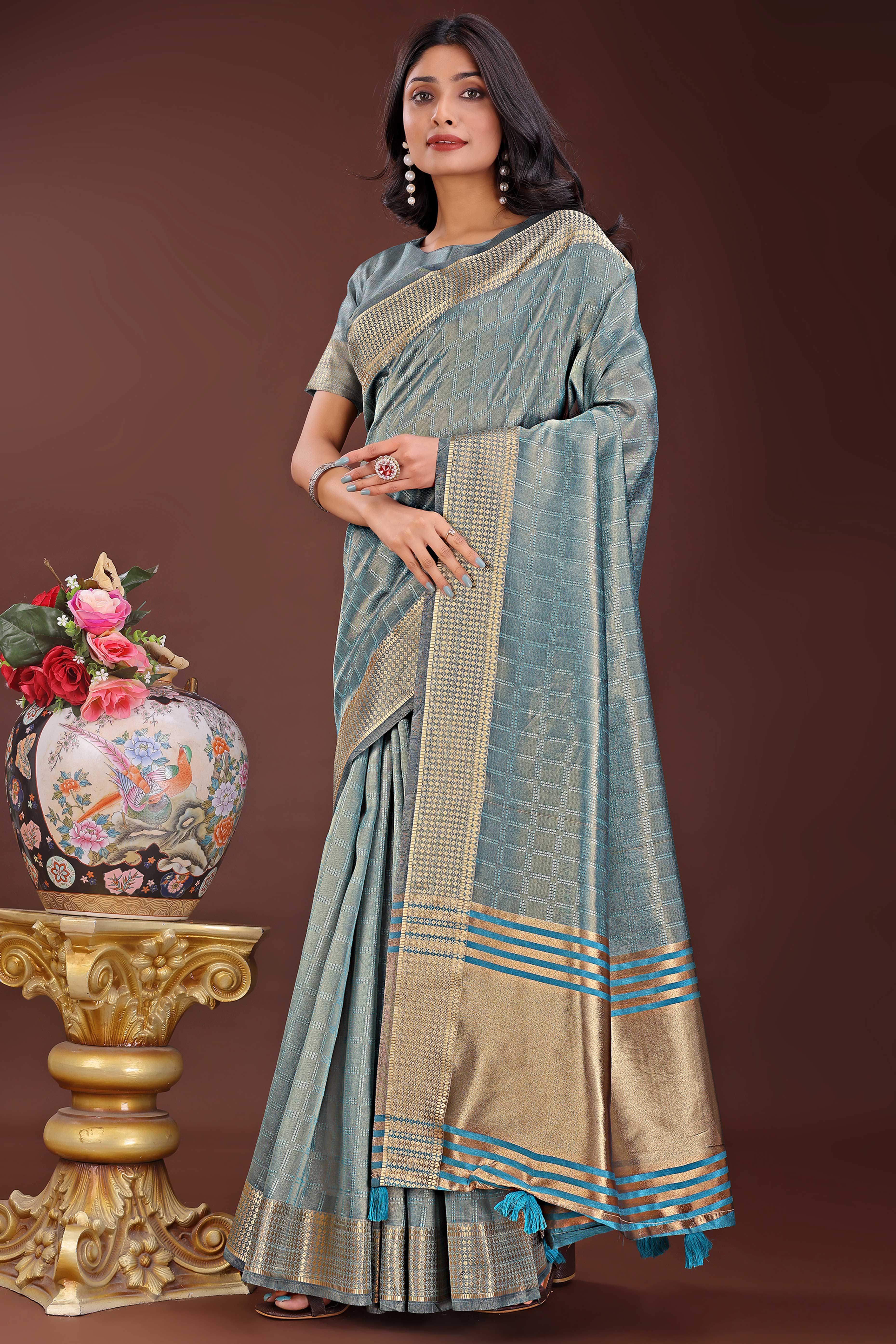 Blue Organza Saree With Intricate Zari Woven Checks & Tassel Border