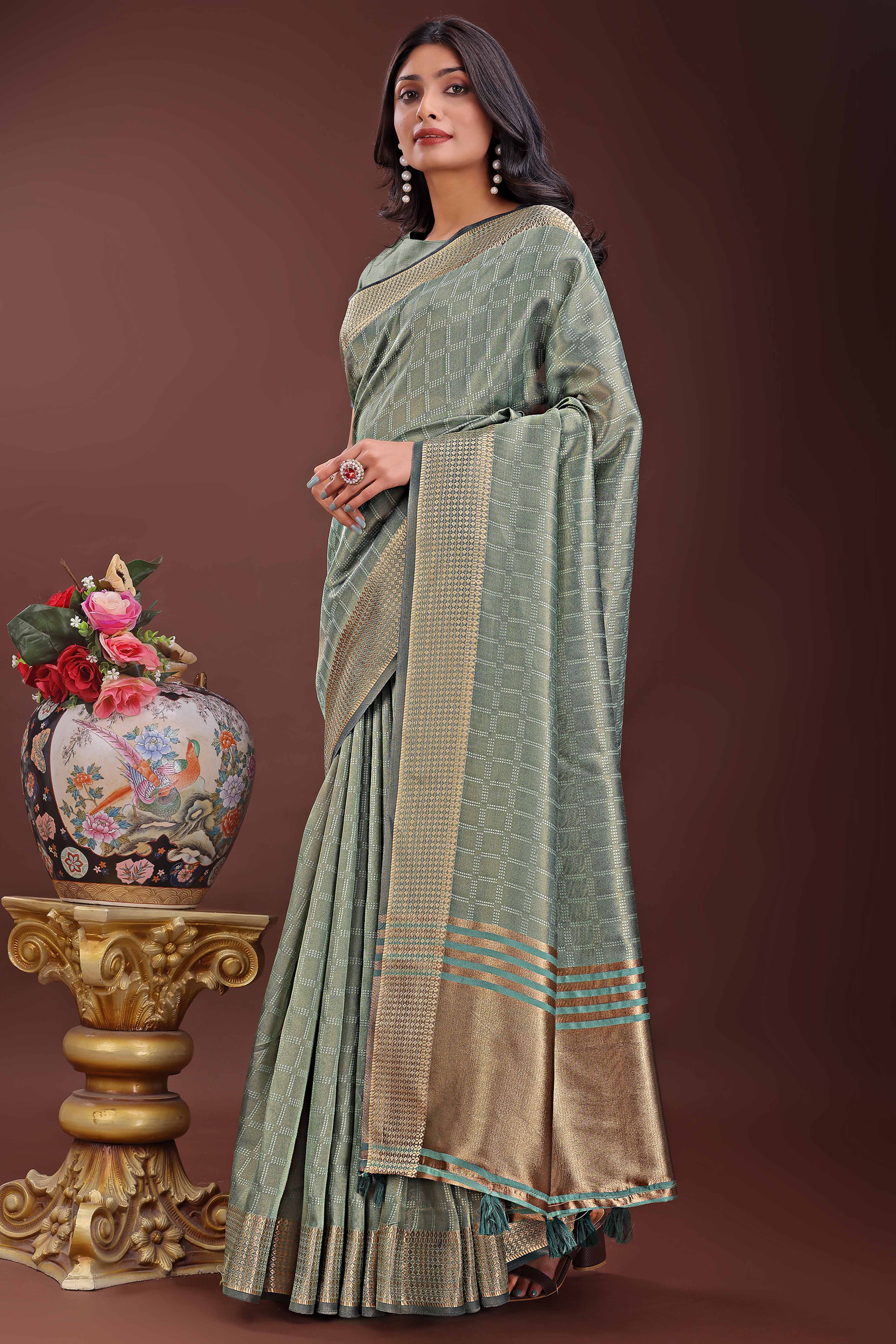 Green Organza Saree With Intricate Zari Woven Checks & Tassel Border