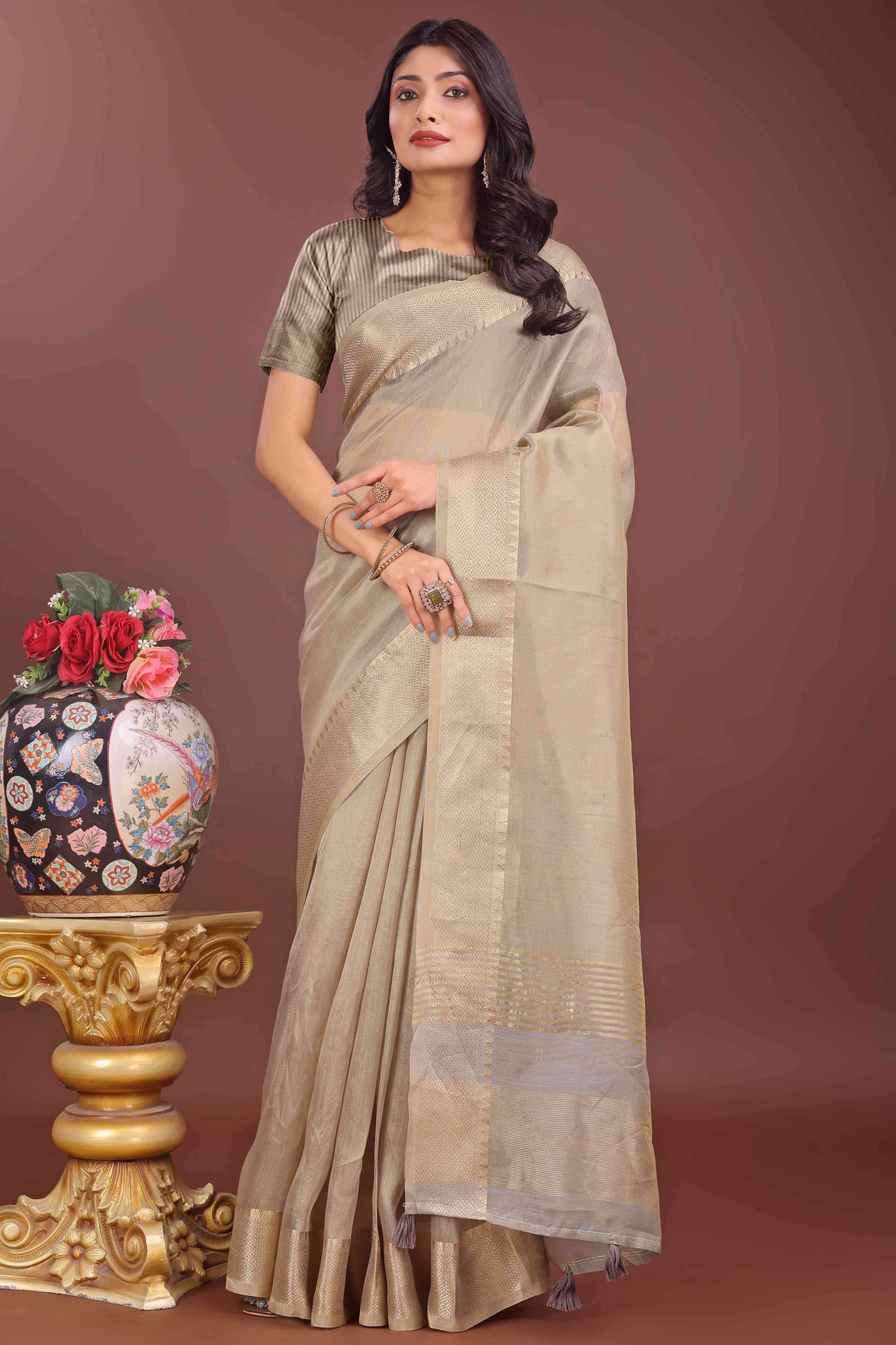 Beige Solid With Zari Woven Organza Saree With Tassel Border