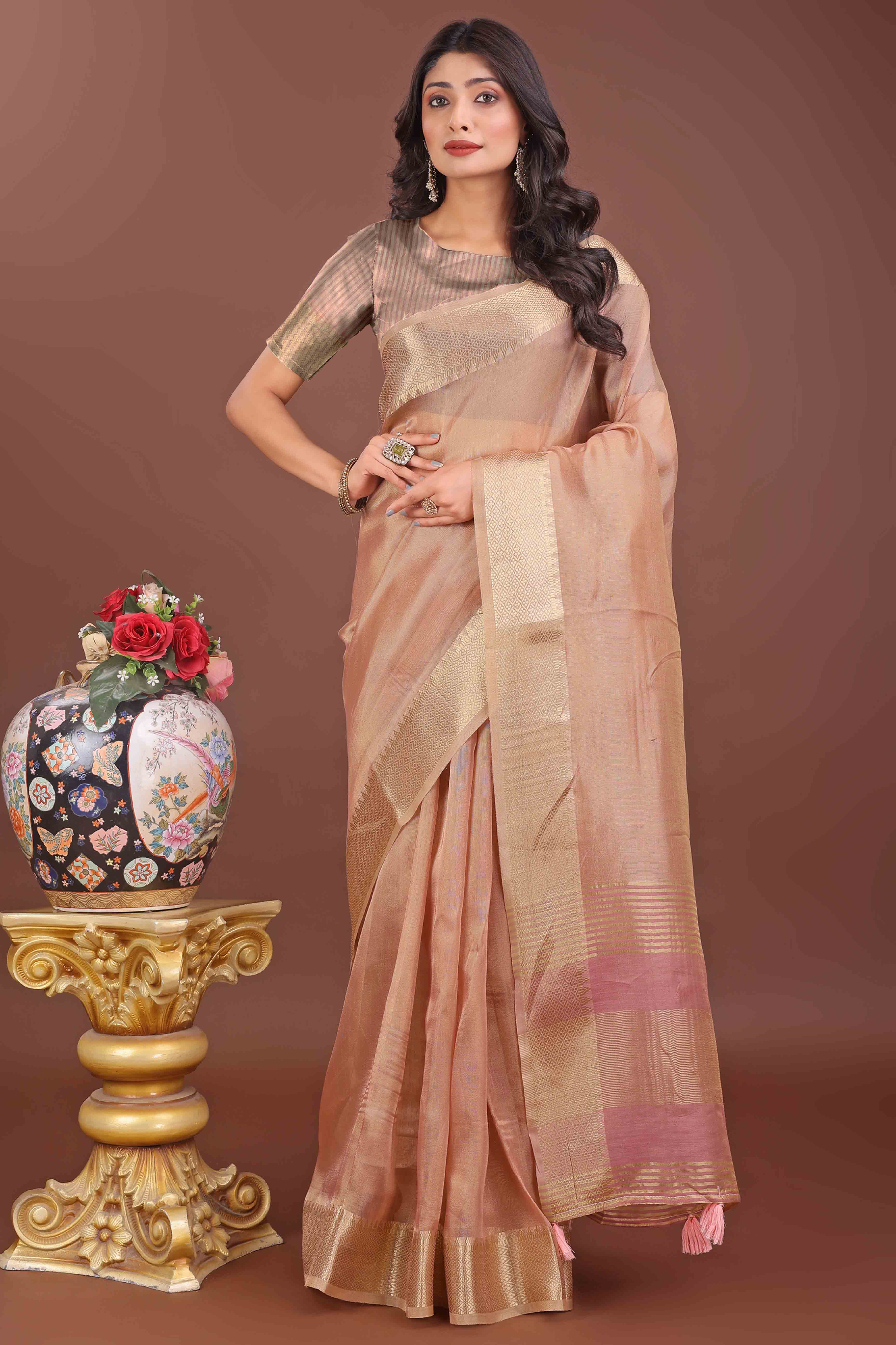 Peach Solid With Zari Woven Organza Saree With Tassel Border