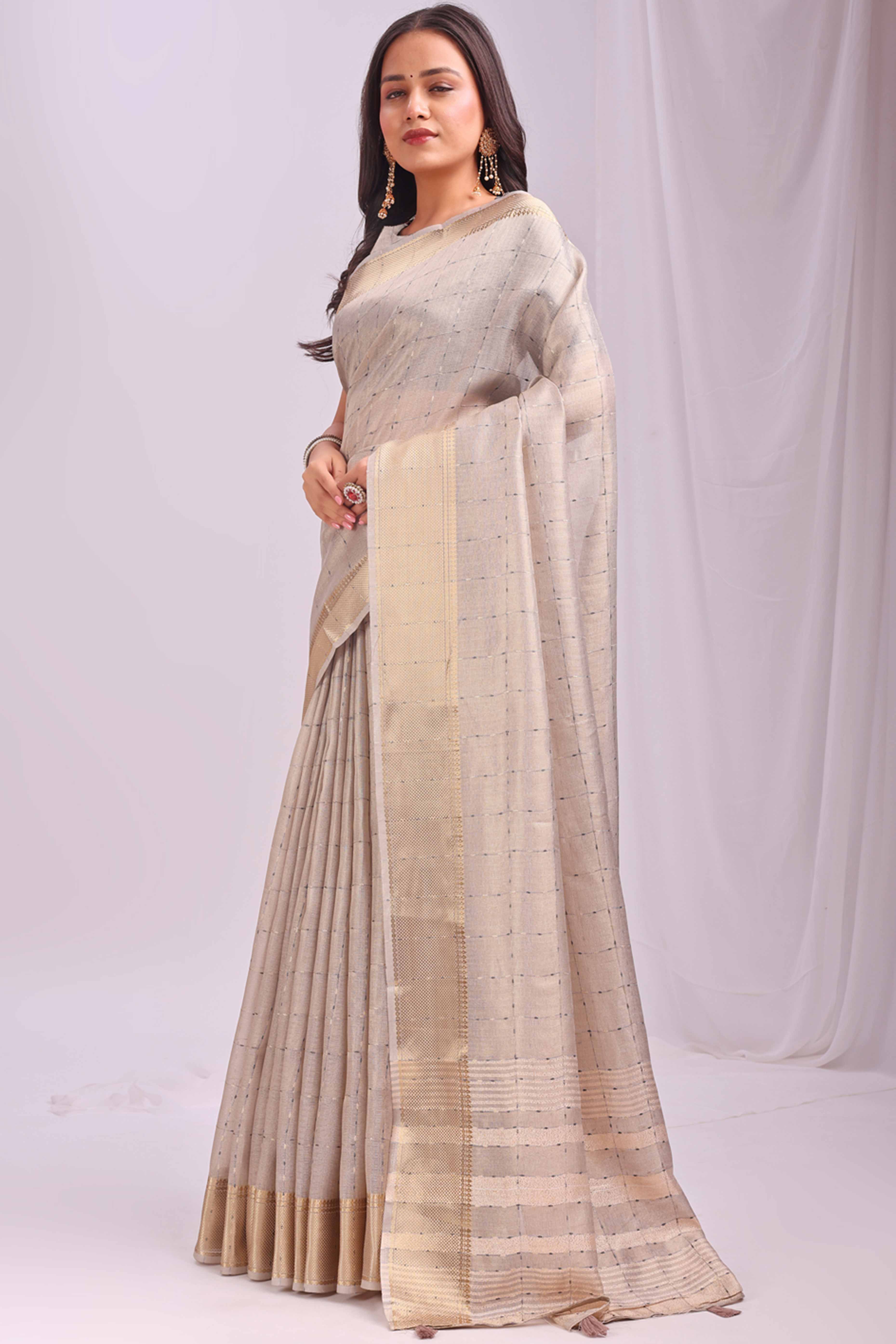 Cream Lightweight Organza Saree with Rich Zari Checks Pattern