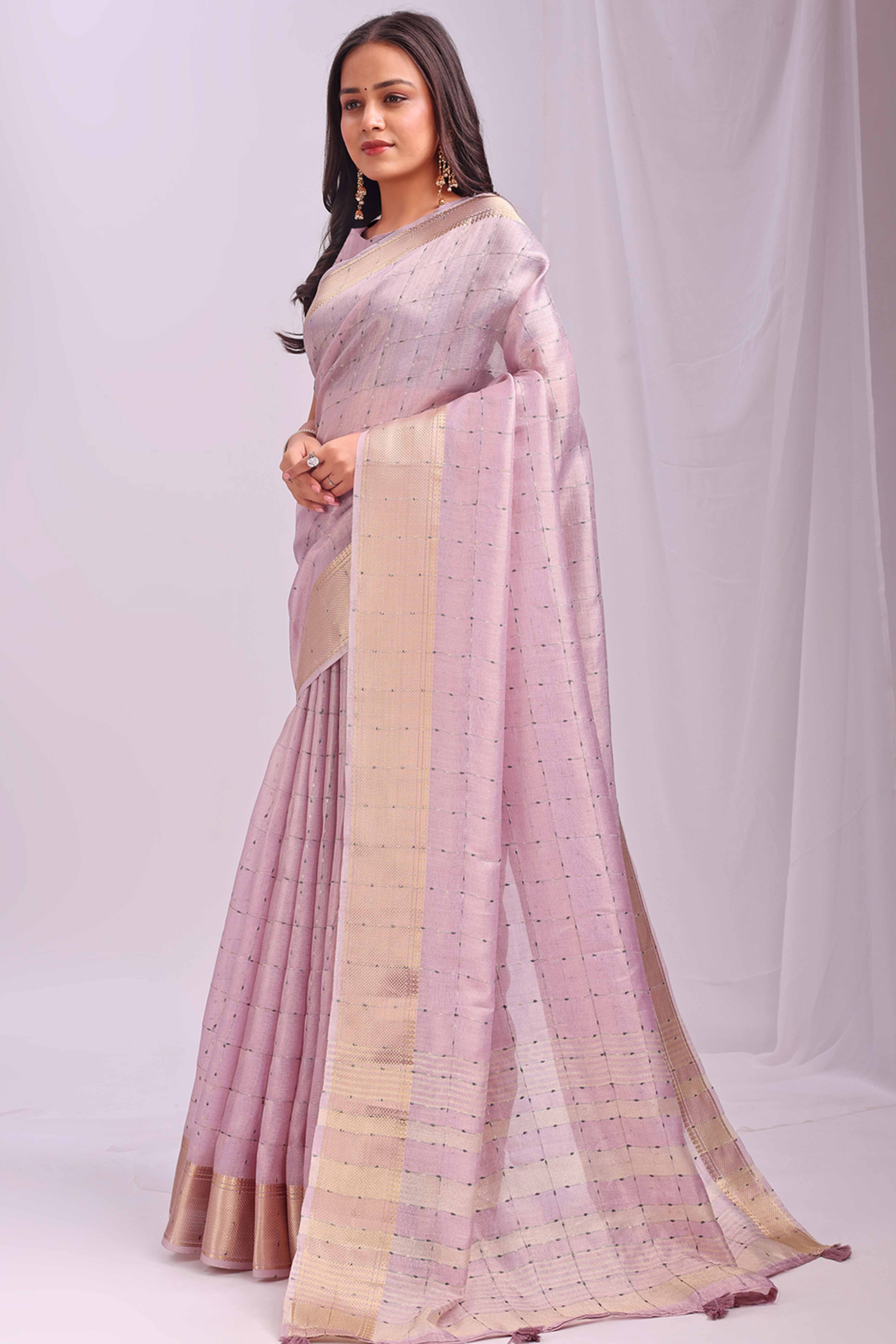 Light Pink Lightweight Organza Saree with Rich Zari Checks Pattern