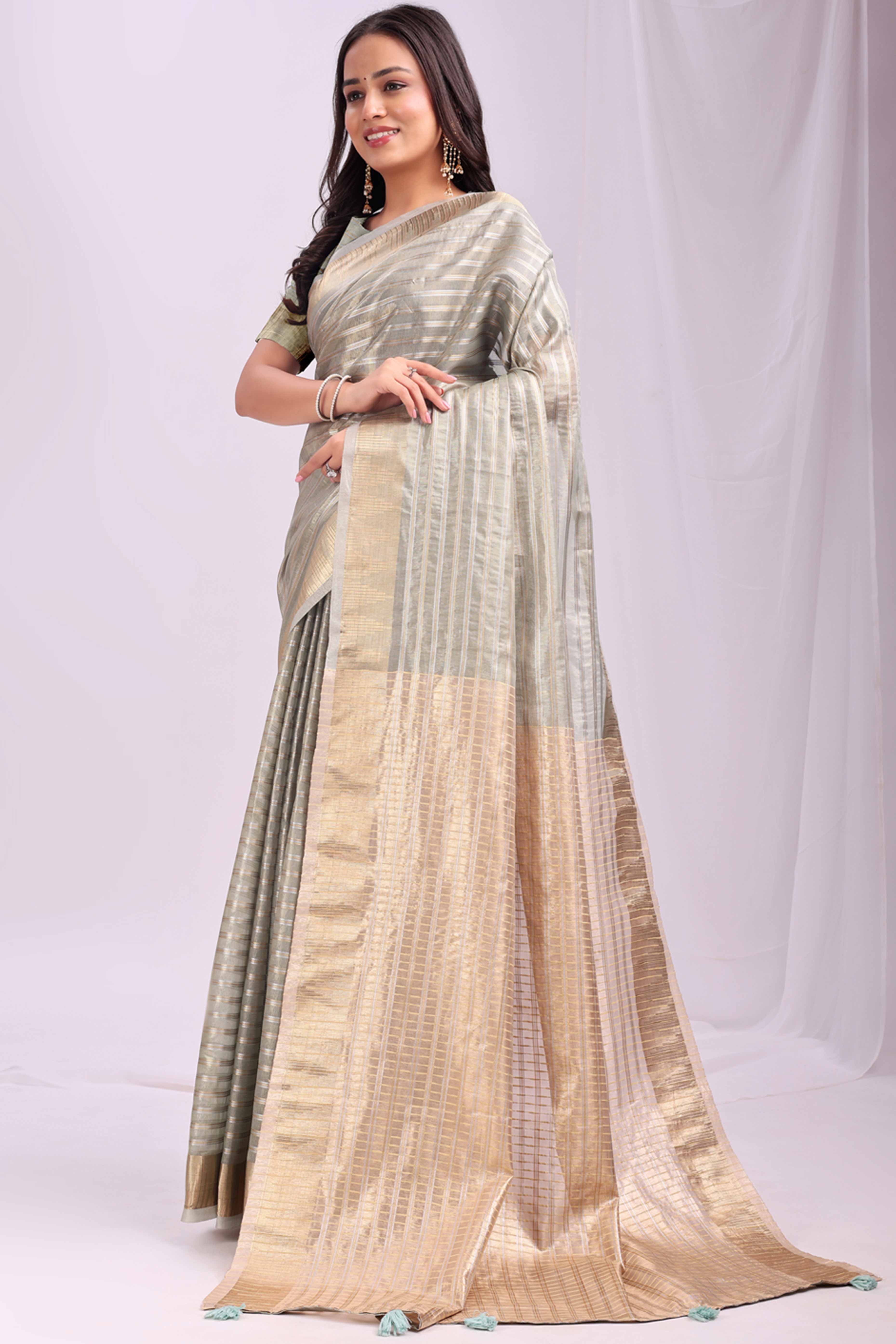 Sea Green Lightweight Organza Saree with Rich Zari Stripes Pattern