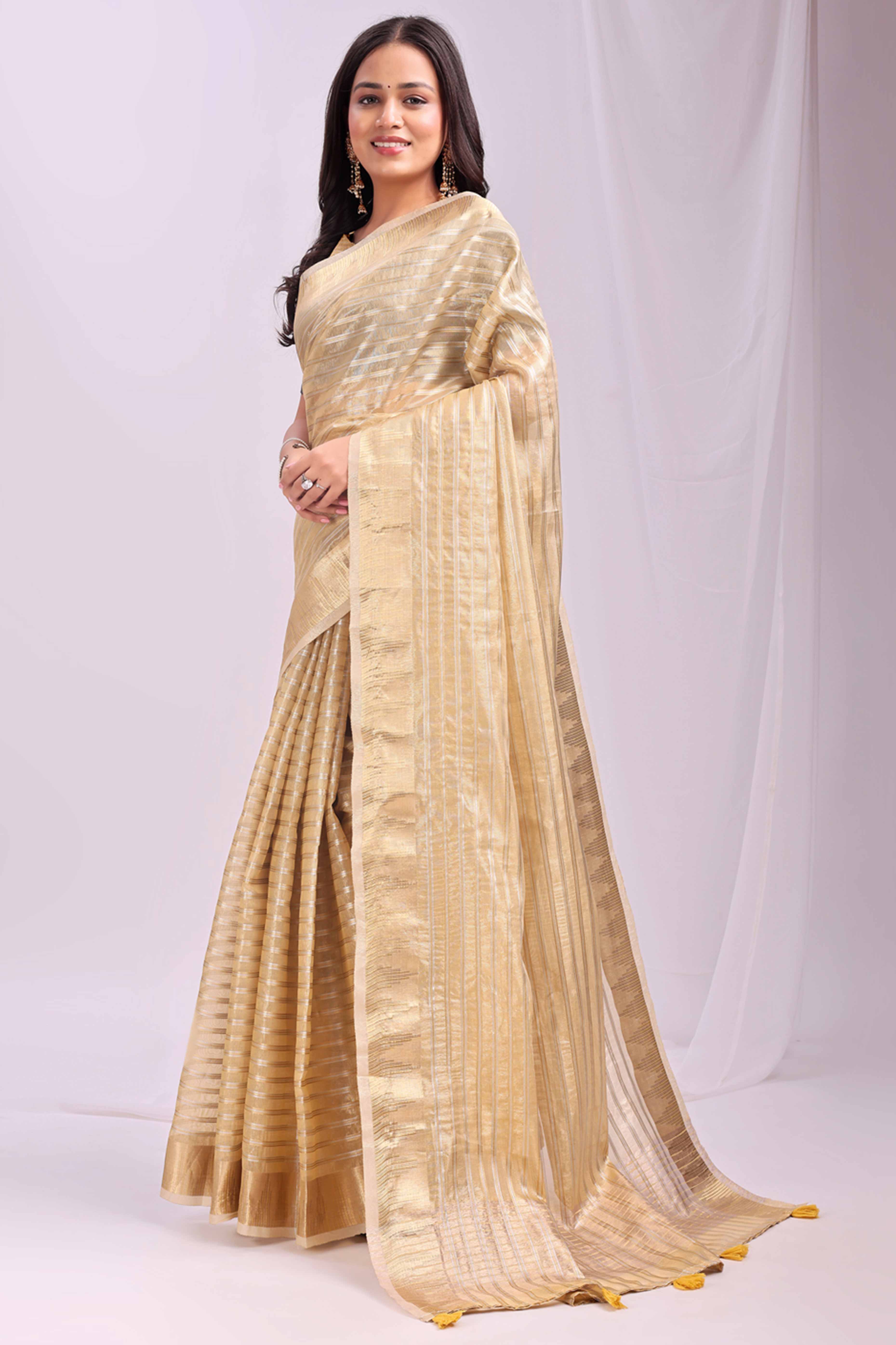 Gold Lightweight Organza Saree with Rich Zari Stripes Pattern