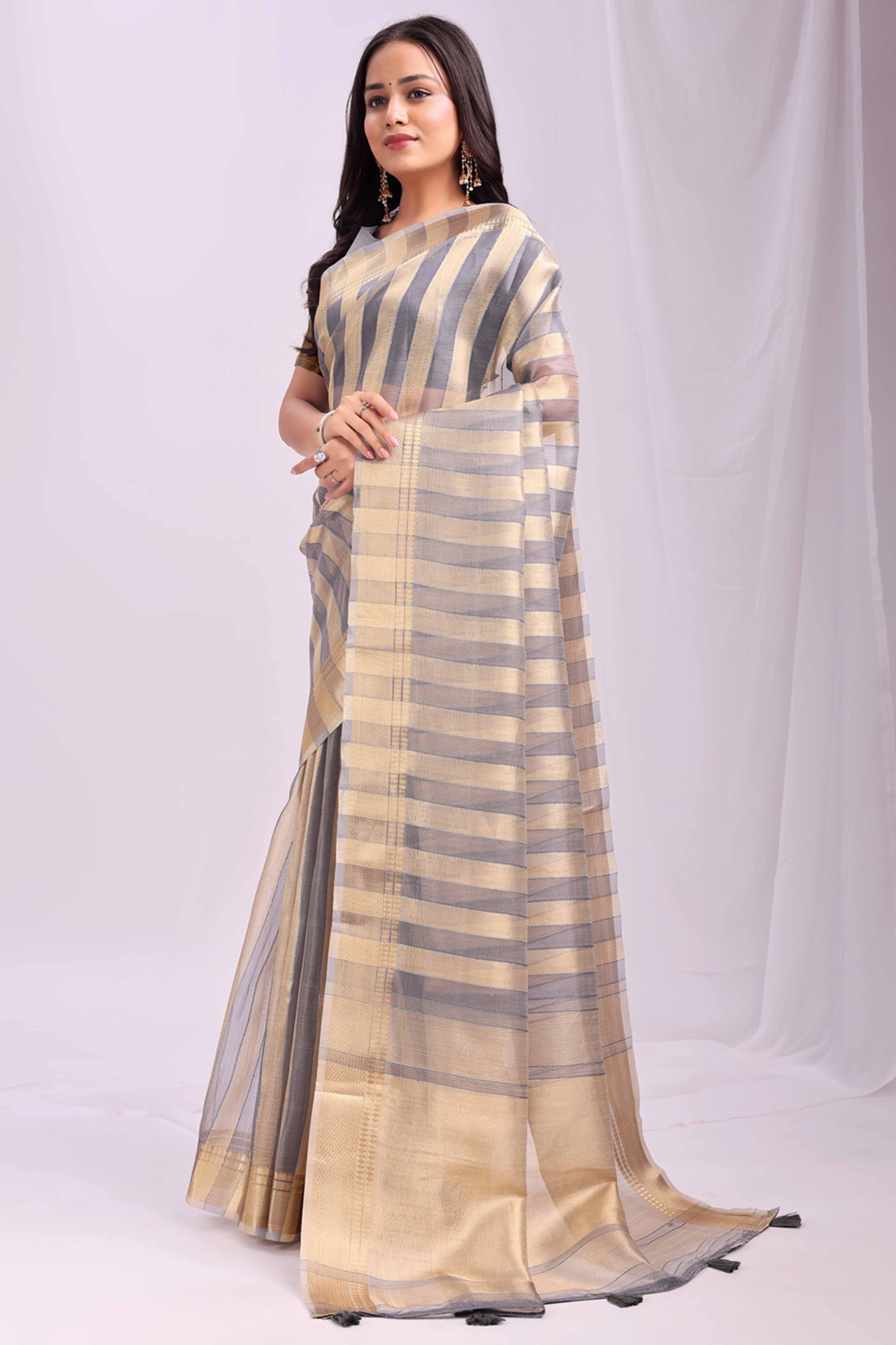 Grey Lightweight Organza Saree with Rich Zari Stripes Pattern
