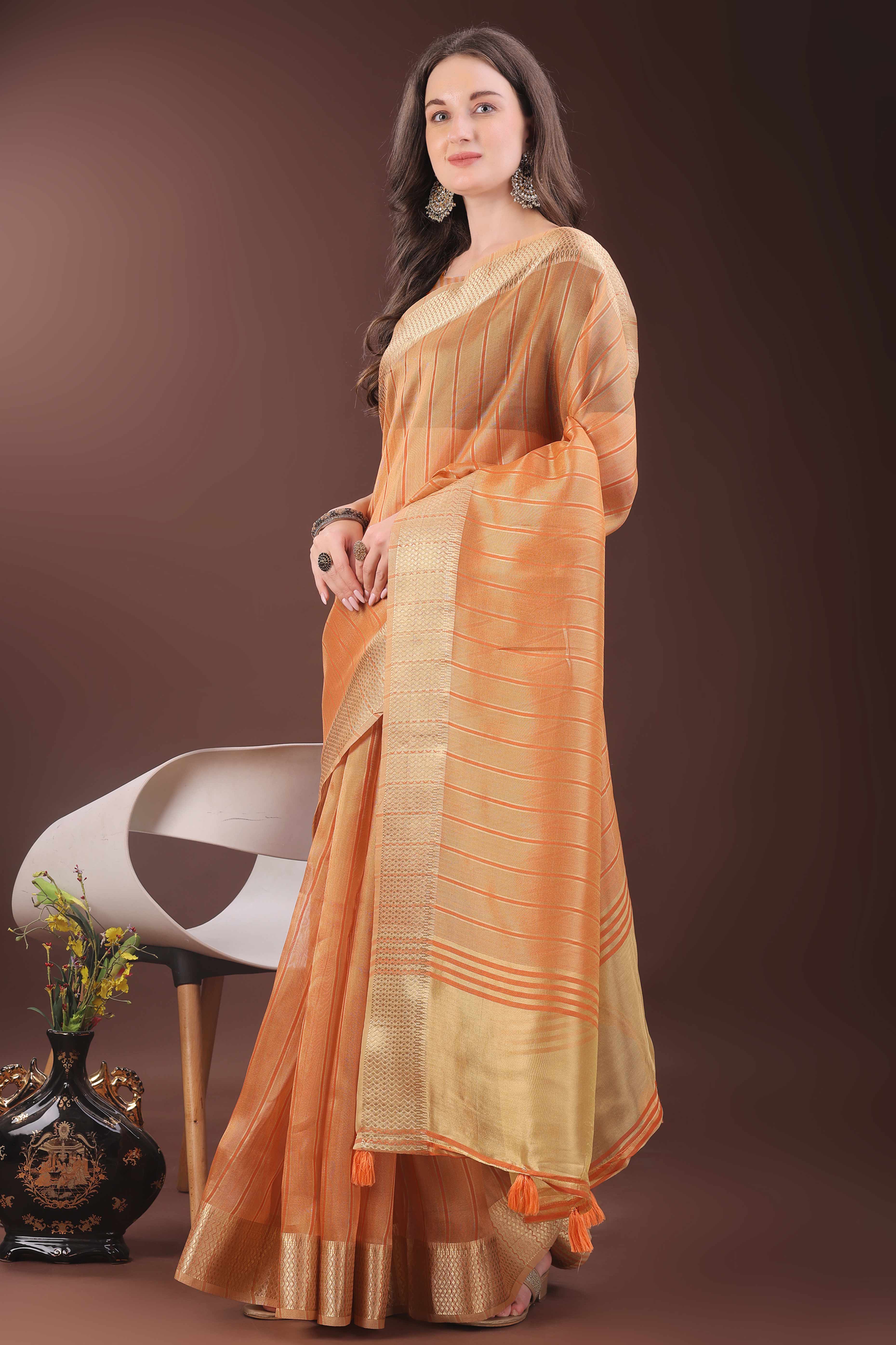 Orange Organza Saree With Zari Woven Stripes & Elegant Tassel Border