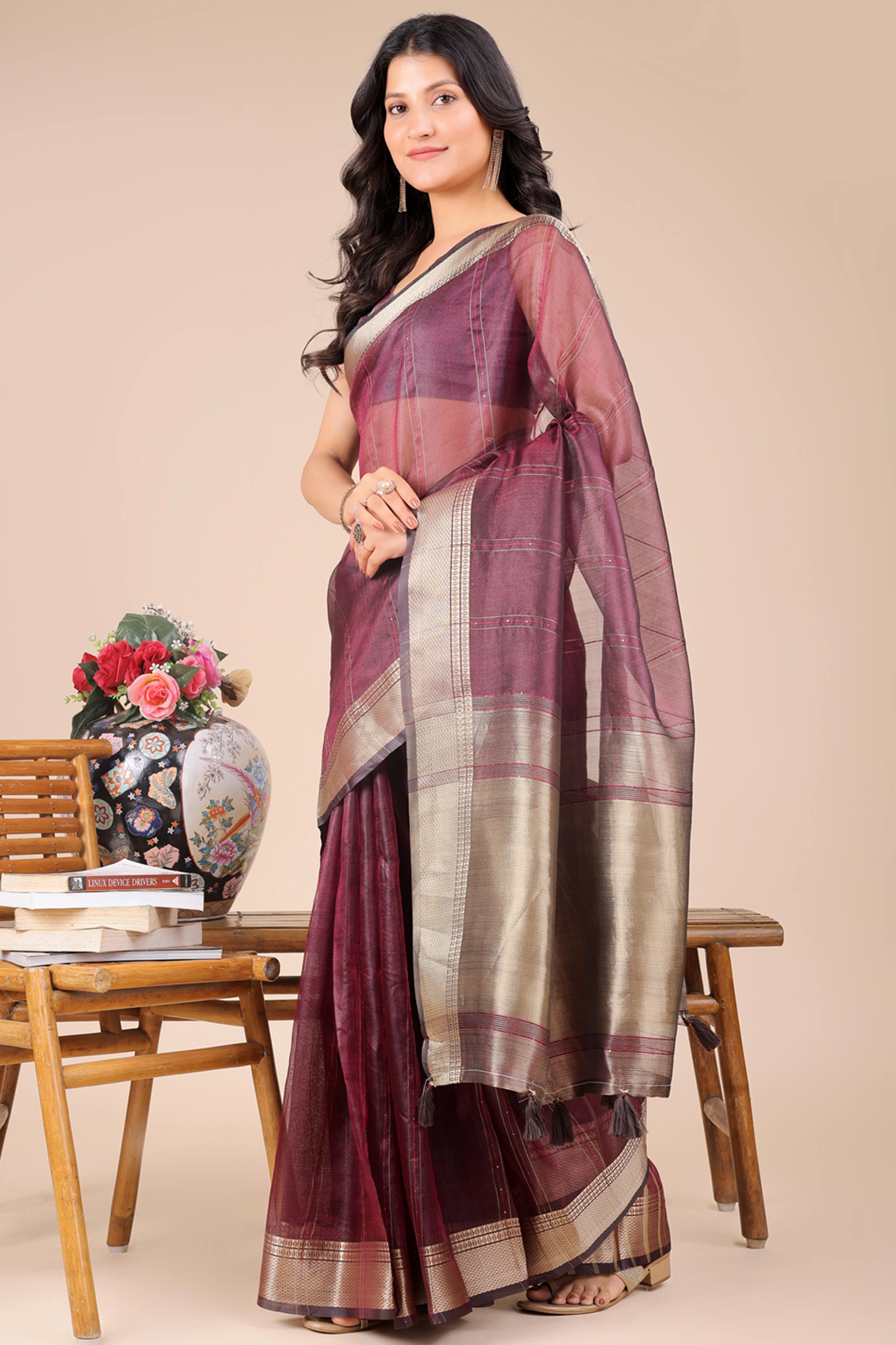 Wine Hue Organza Saree with Shimmering Zari Border Weave