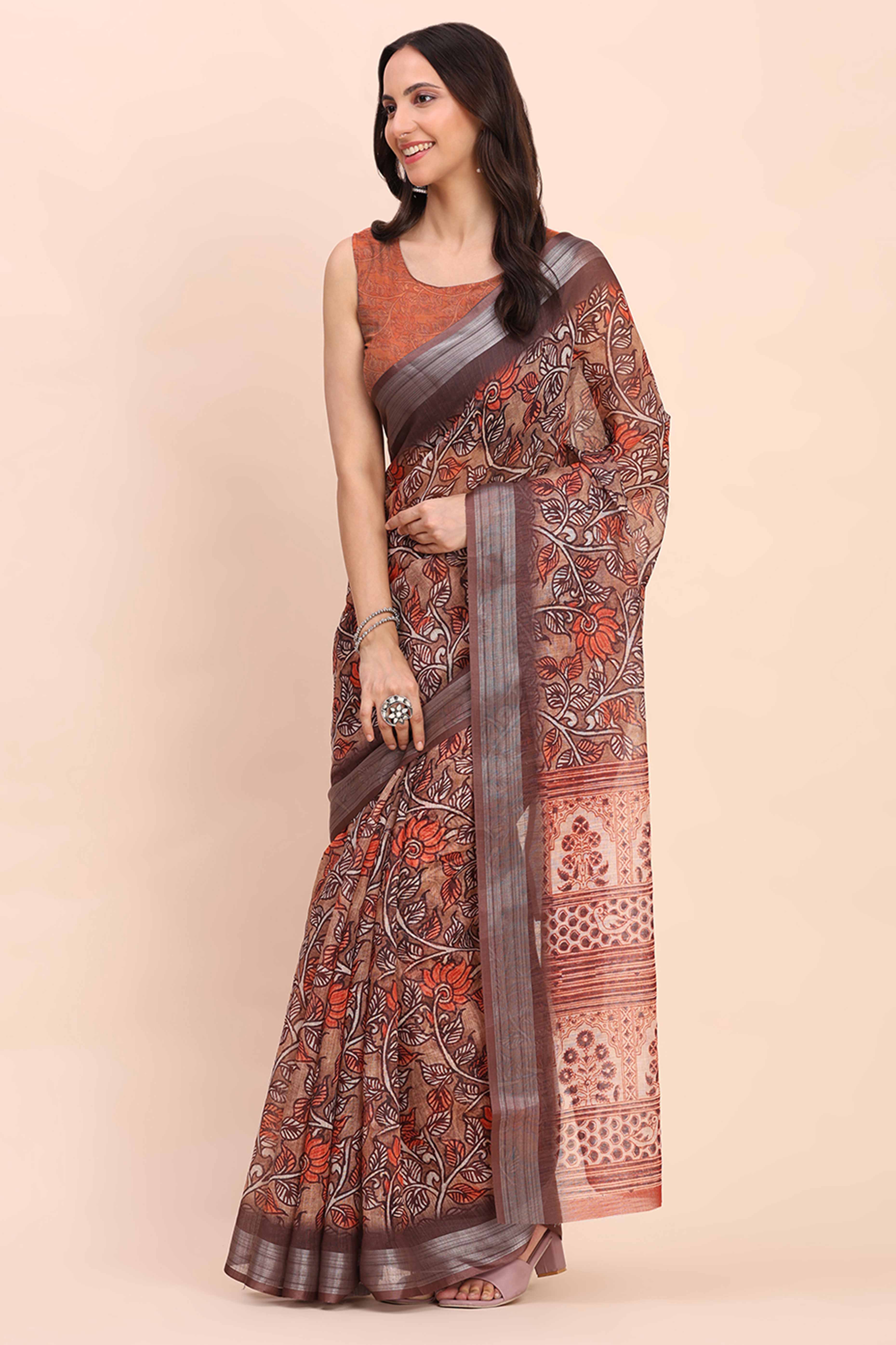 Brown Linen Cotton Saree Featuring Floral Prints & Woven Border