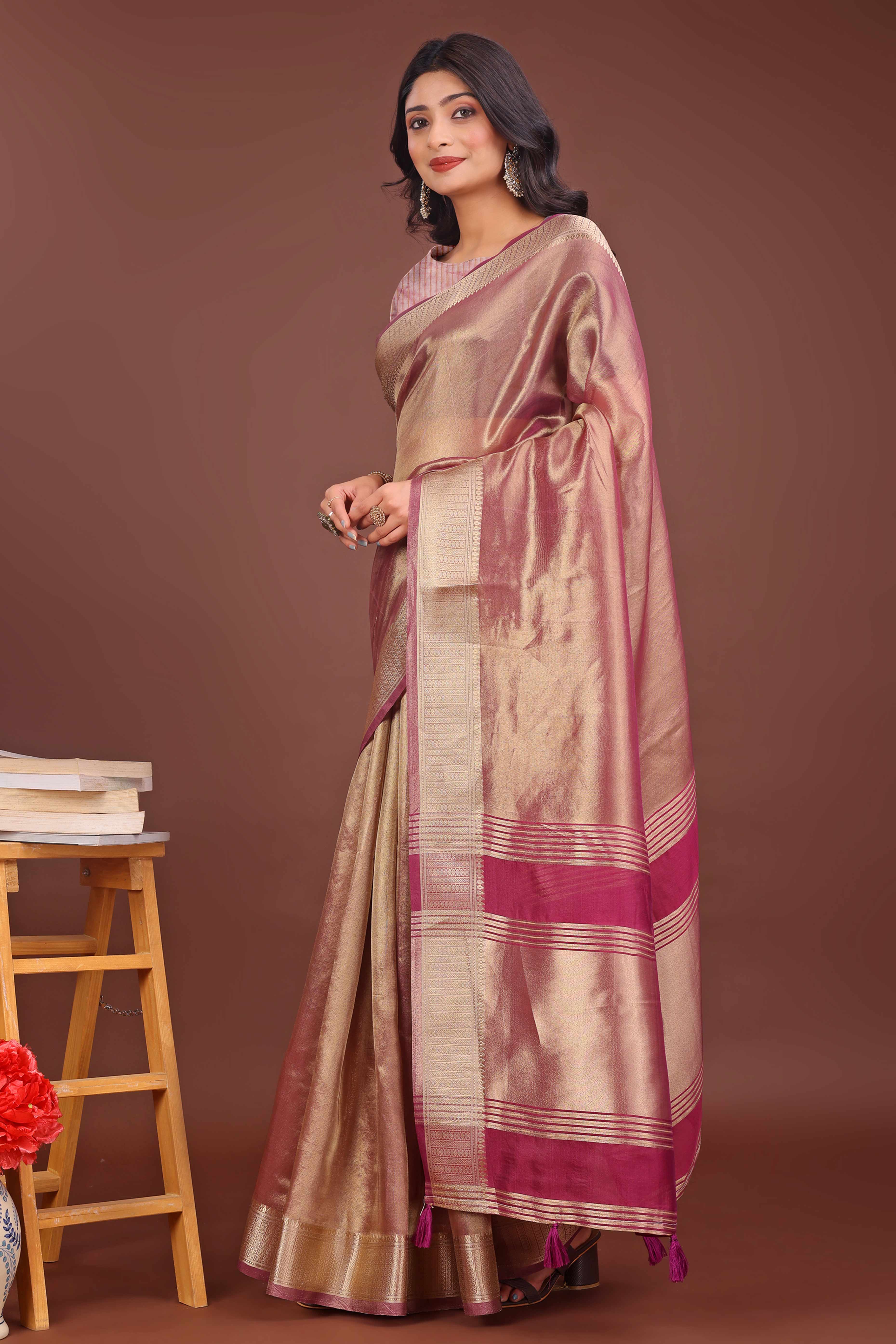 Onion Pink Organza Solid Saree With Lustrous Zari Weave &  Delicate Tassels