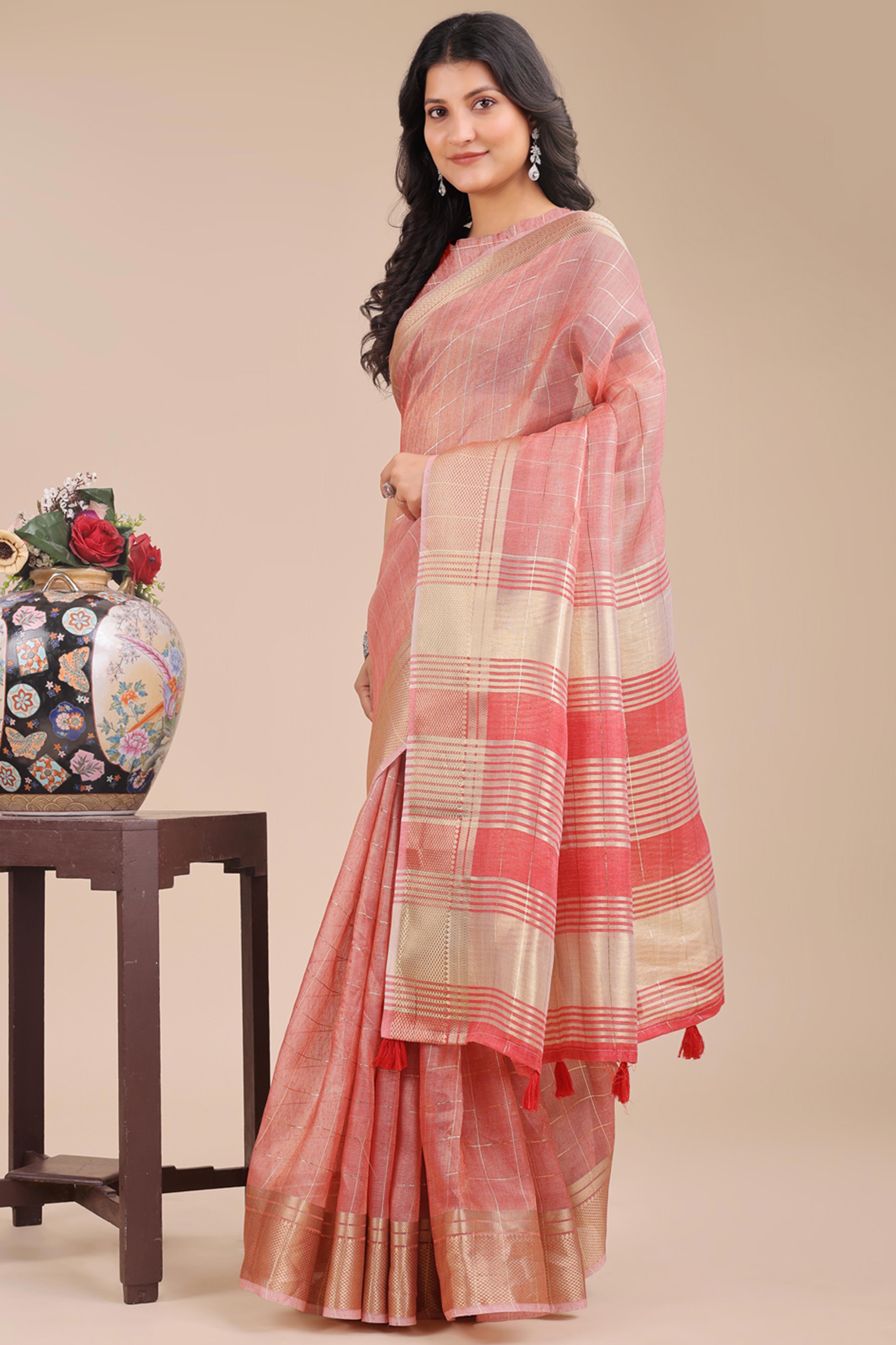 Peach Organza Saree with Checkered Zari Weaving and Tassels