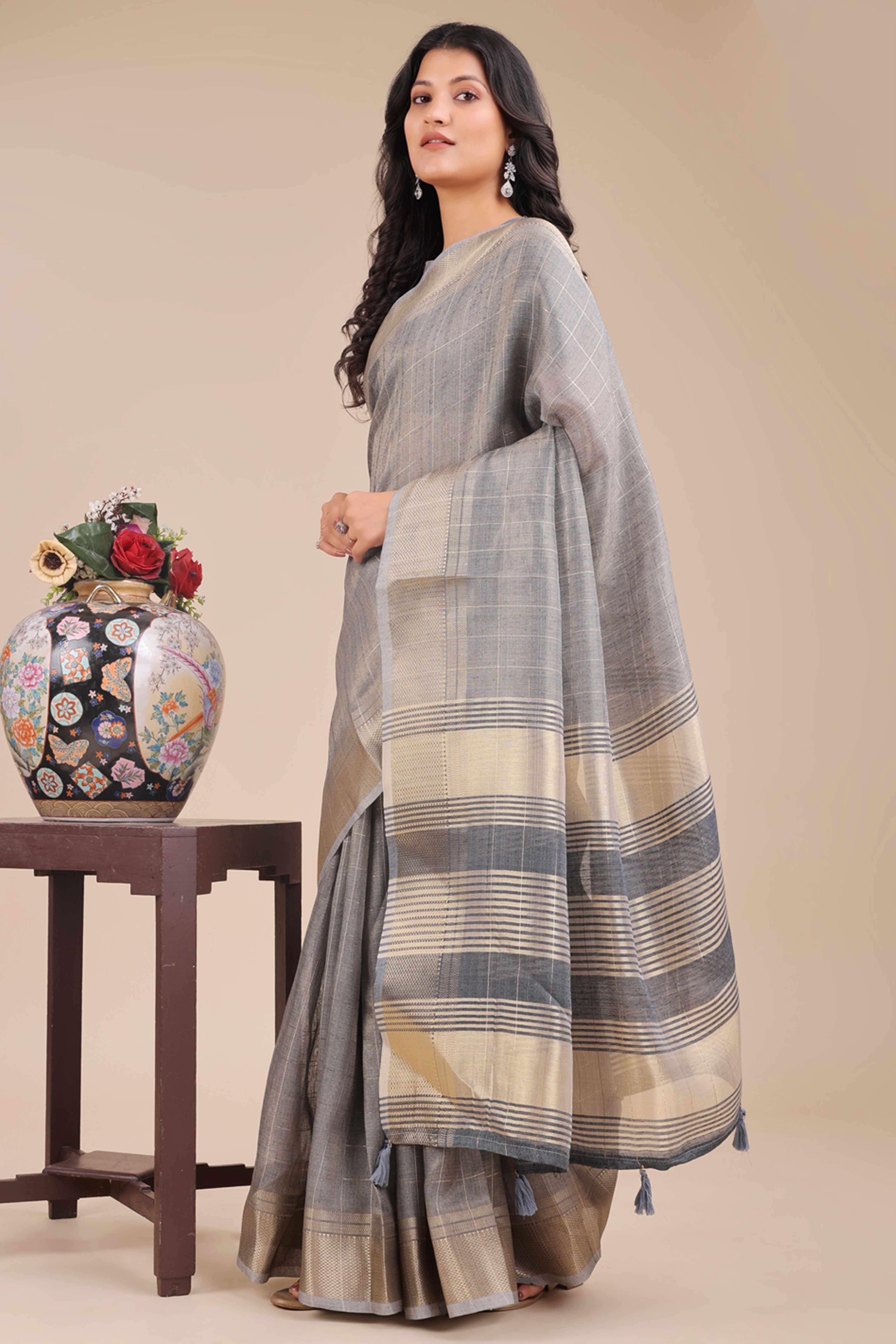 Grey Organza Saree with Checkered Zari Weaving Design and Tassels