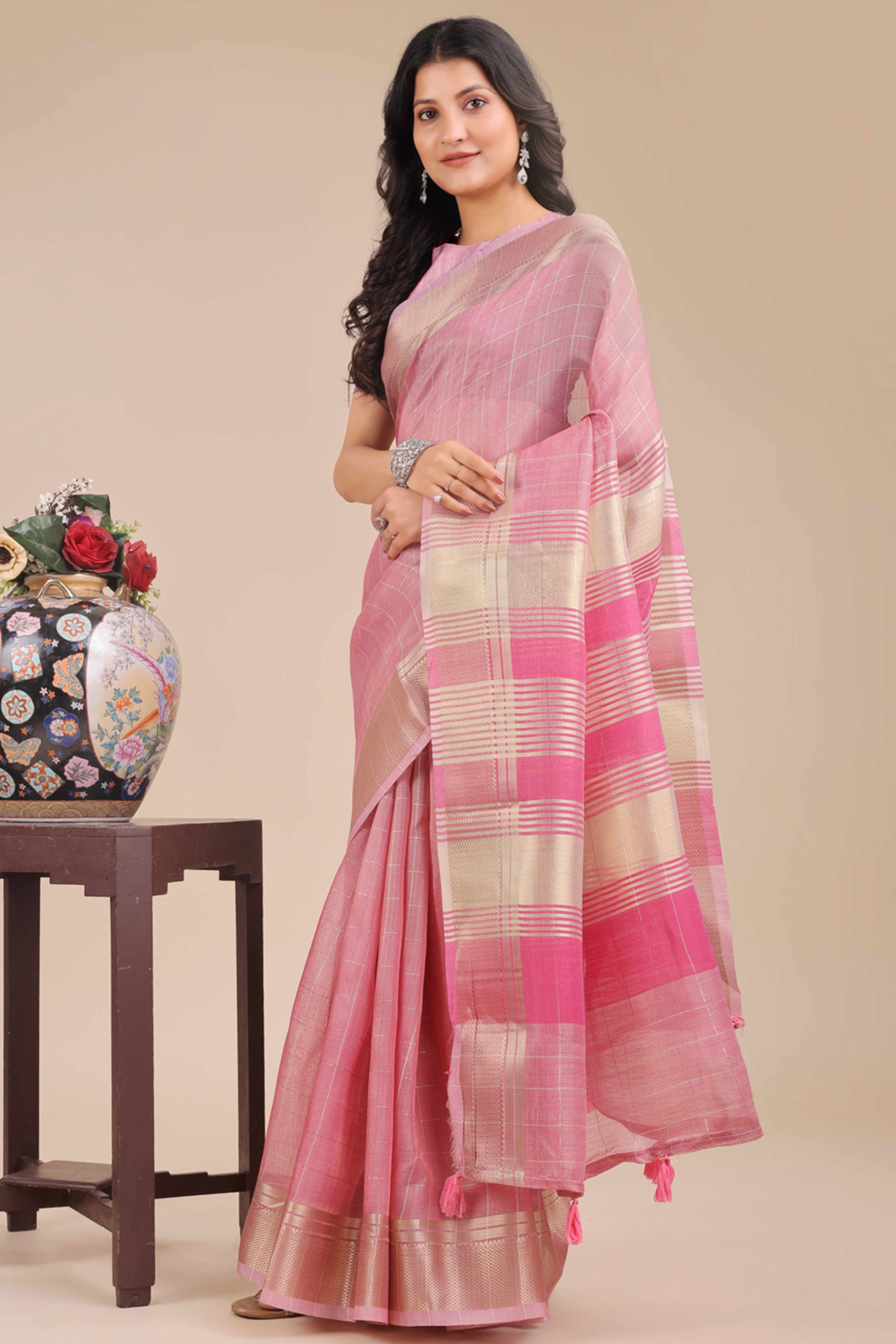 Pink Organza Saree with Checkered Zari Weaving Style and Tassels