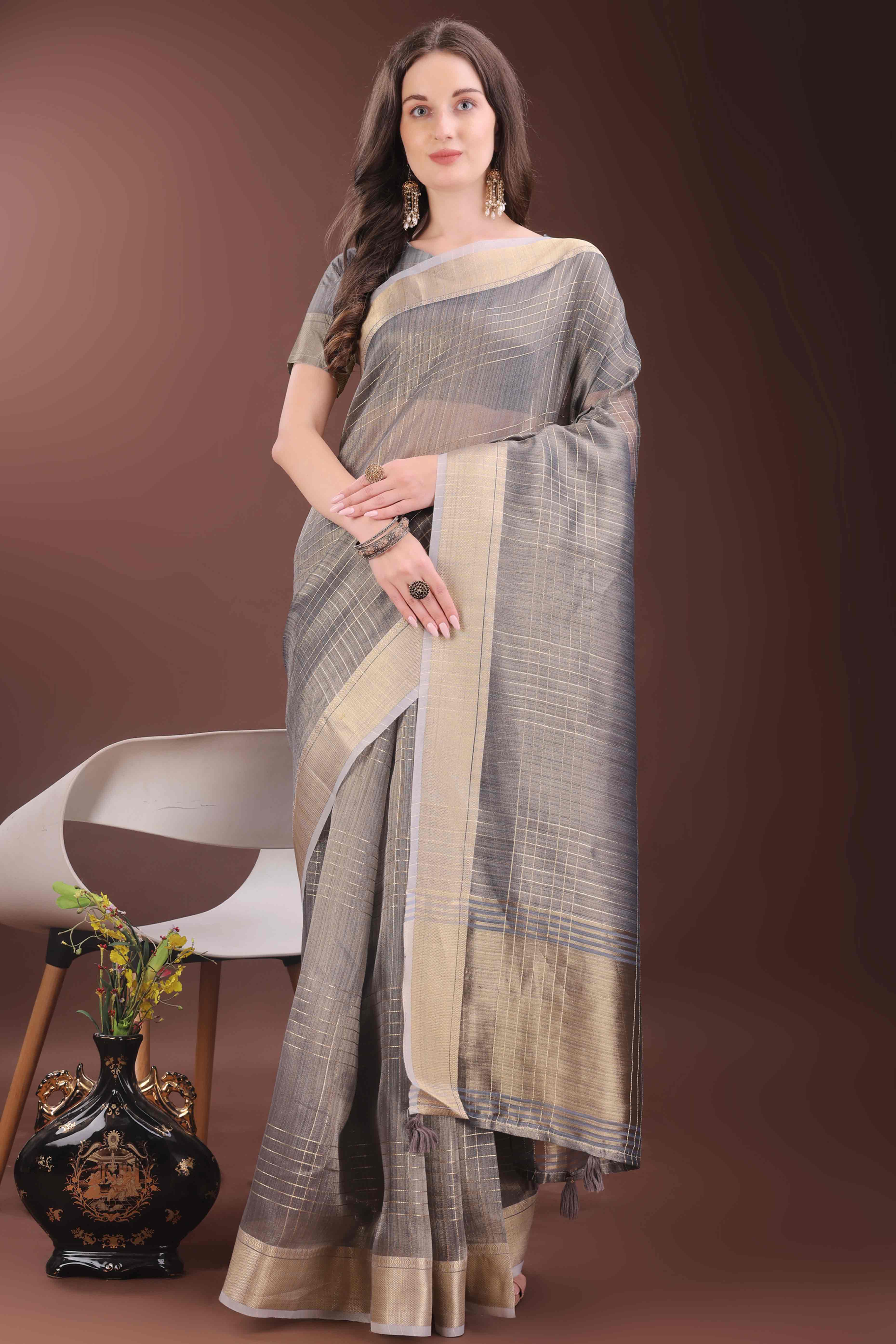 Grey Organza Saree With Zari Weaving Check Patterns & Elegant Tassel Accents