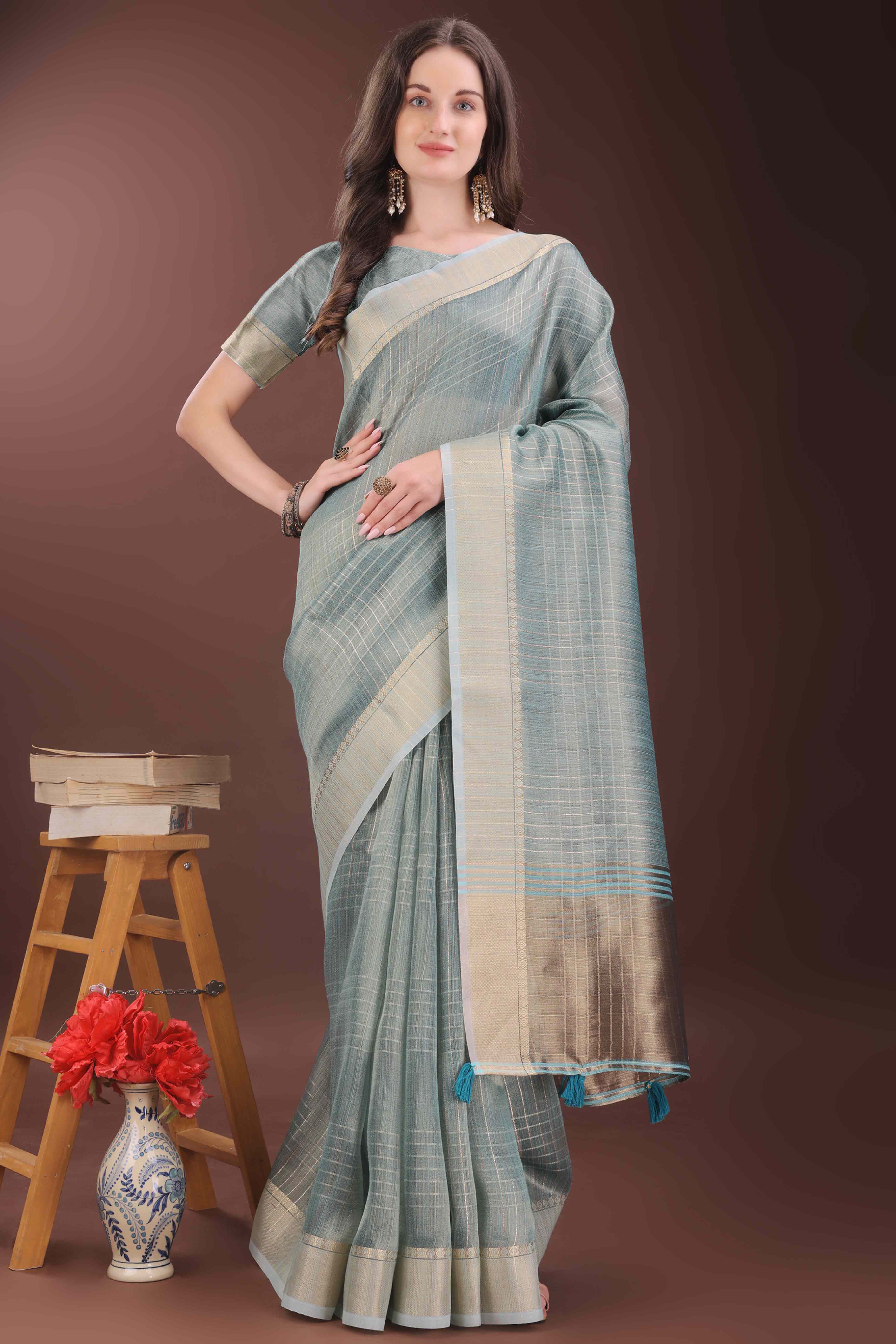 Blue Organza Saree With Zari Weaving Check Patterns & Elegant Tassel Accents