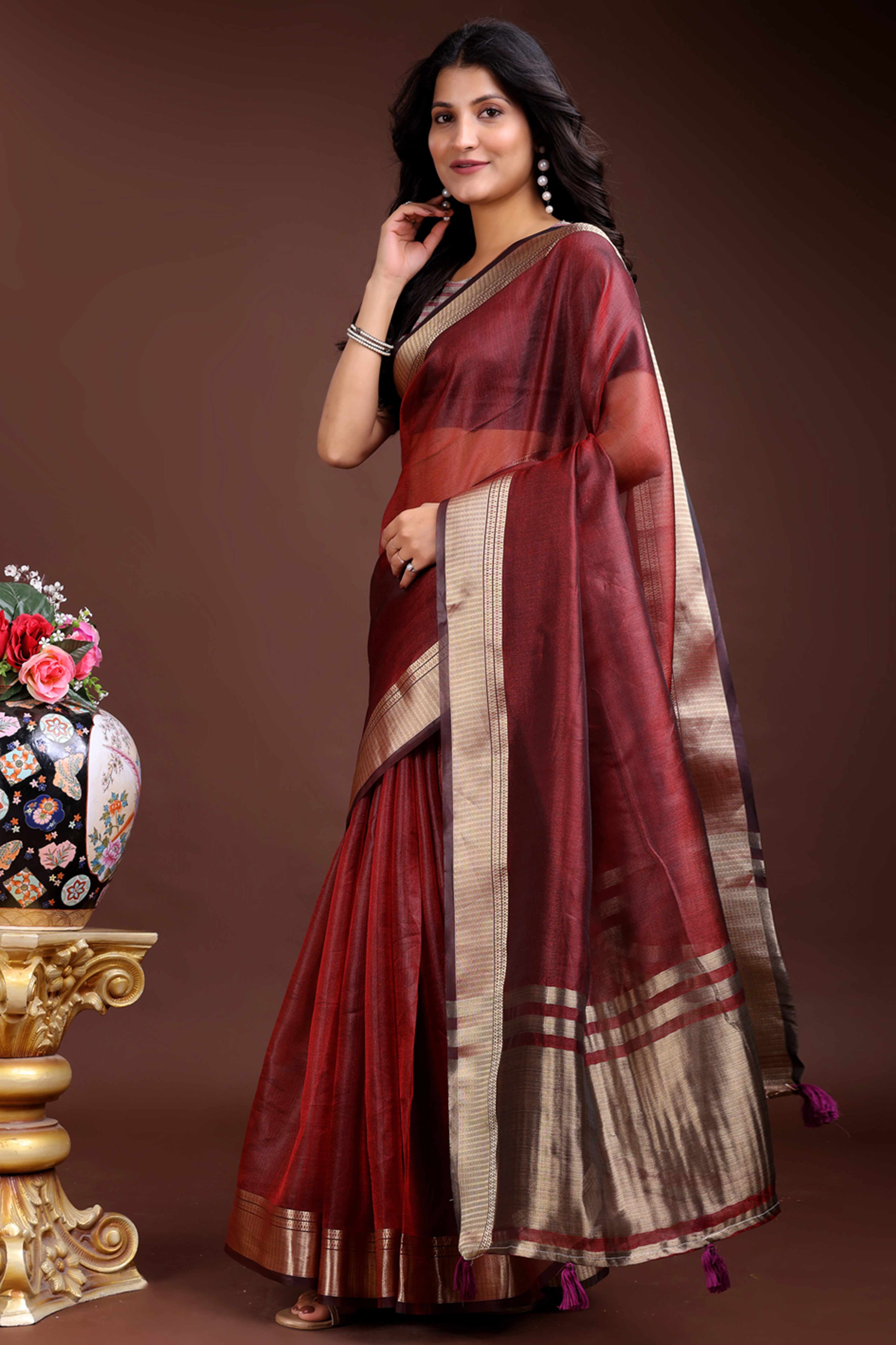 Red Organza Saree with Zari Border Weaving Elegance