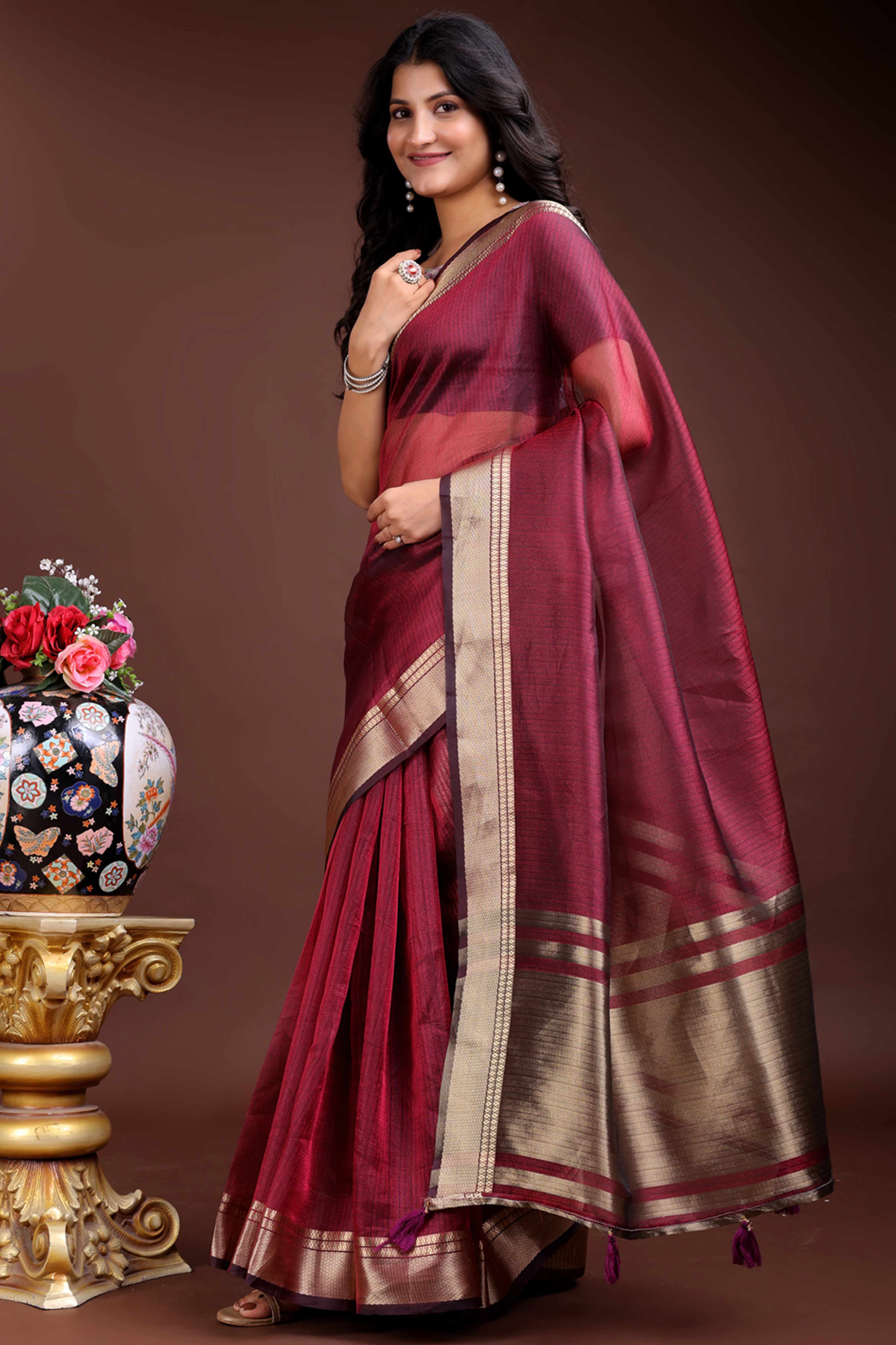 Magenta Organza Saree with Zari Border Weaving Sophistication
