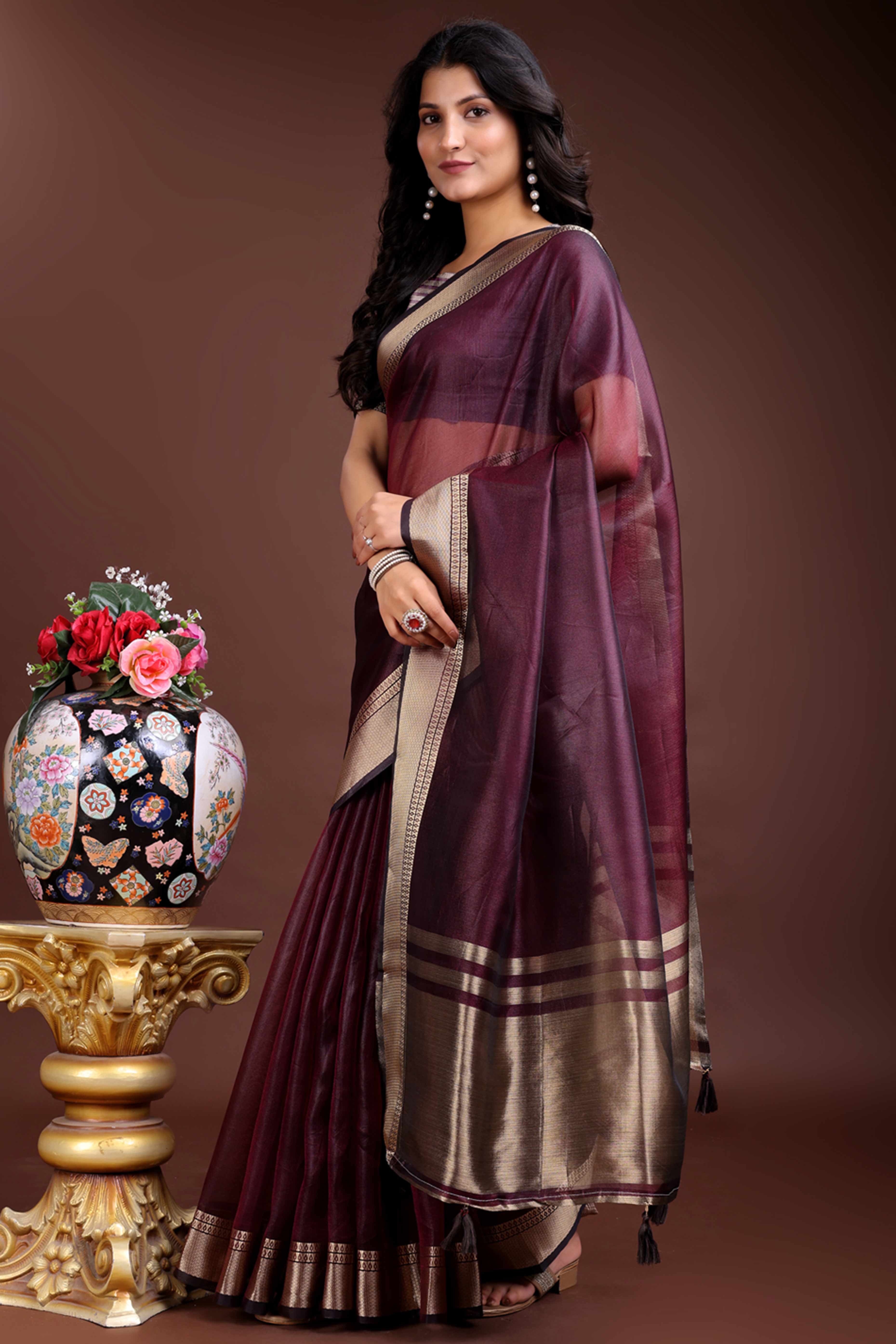 Purple Organza Saree with Zari Border Weaving Refinement