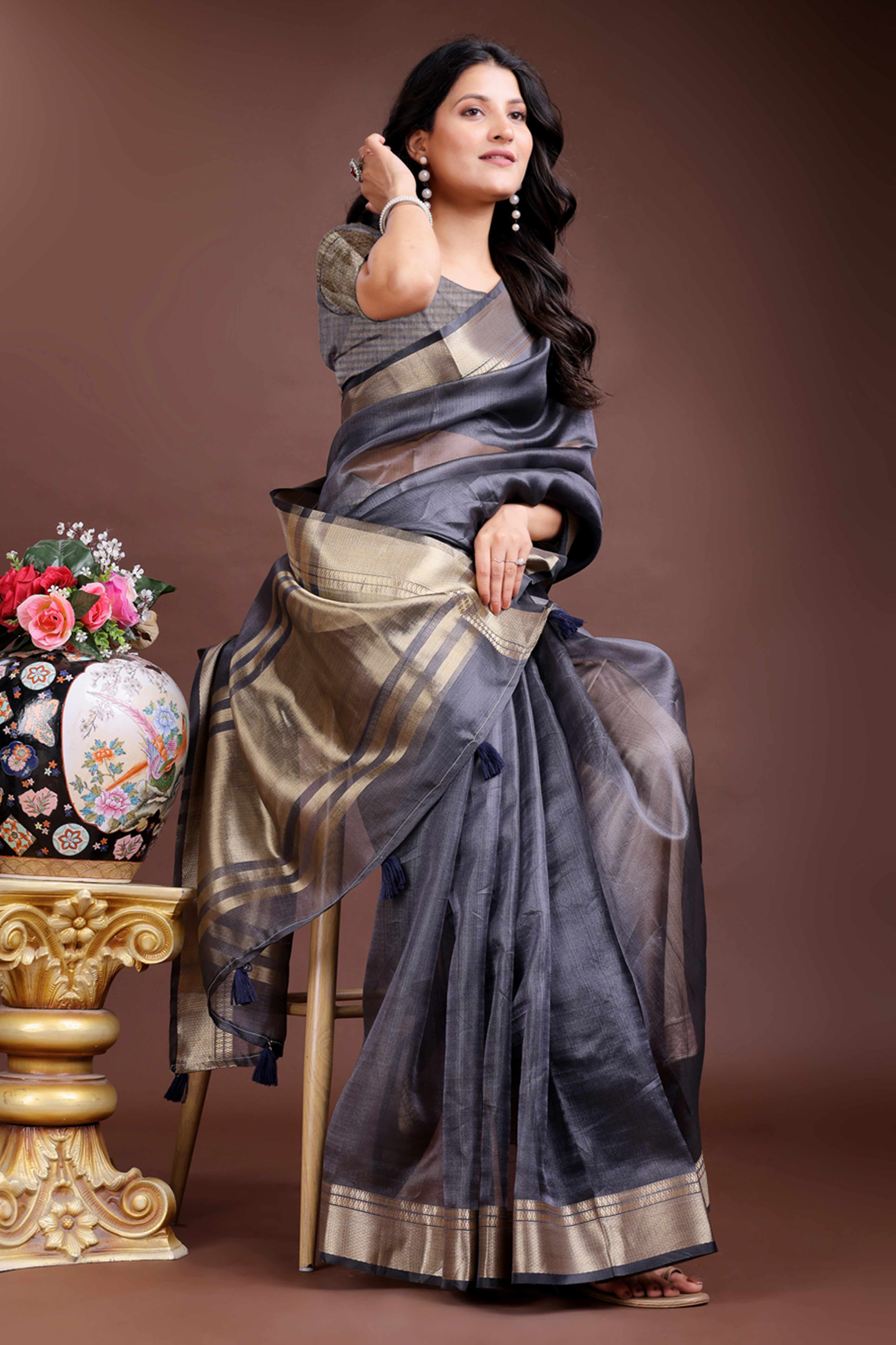 Grey Organza Saree with Zari Border Weaving Artistry