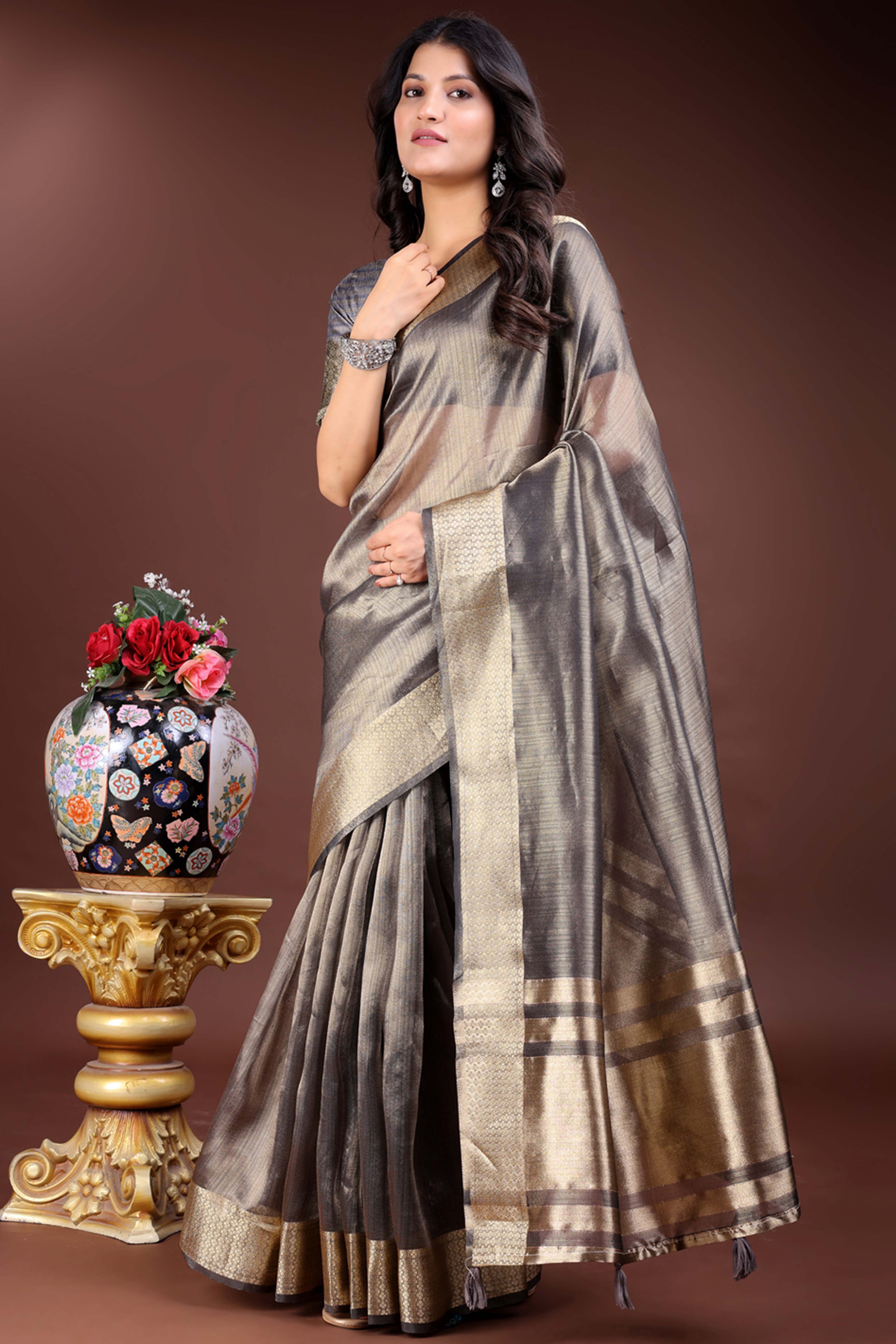 Grey Organza Saree with Zari Border Weaving Design